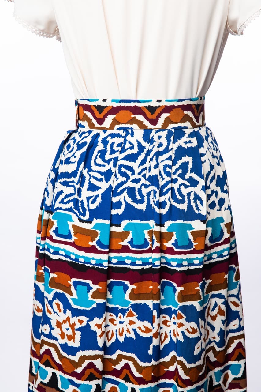 Alfred Sung Cobalt Mosaic Silk Pleated Maxi Skirt