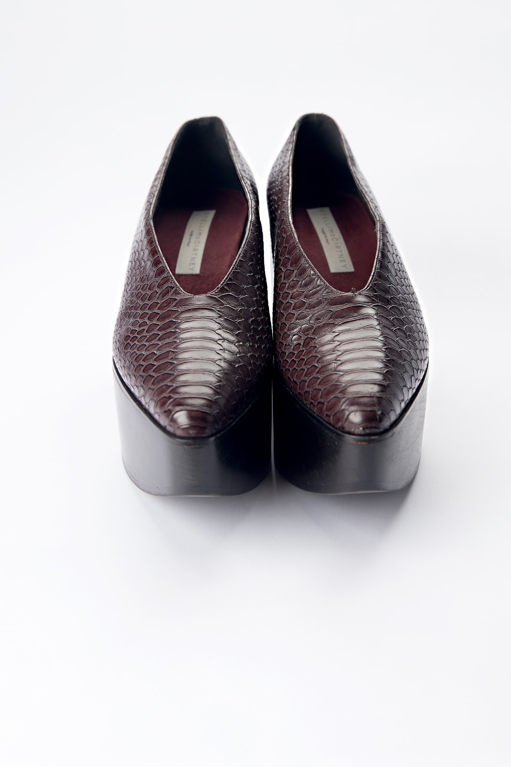 Stella McCartney Burgundy Snake-Effect Platform Wedge Loafers