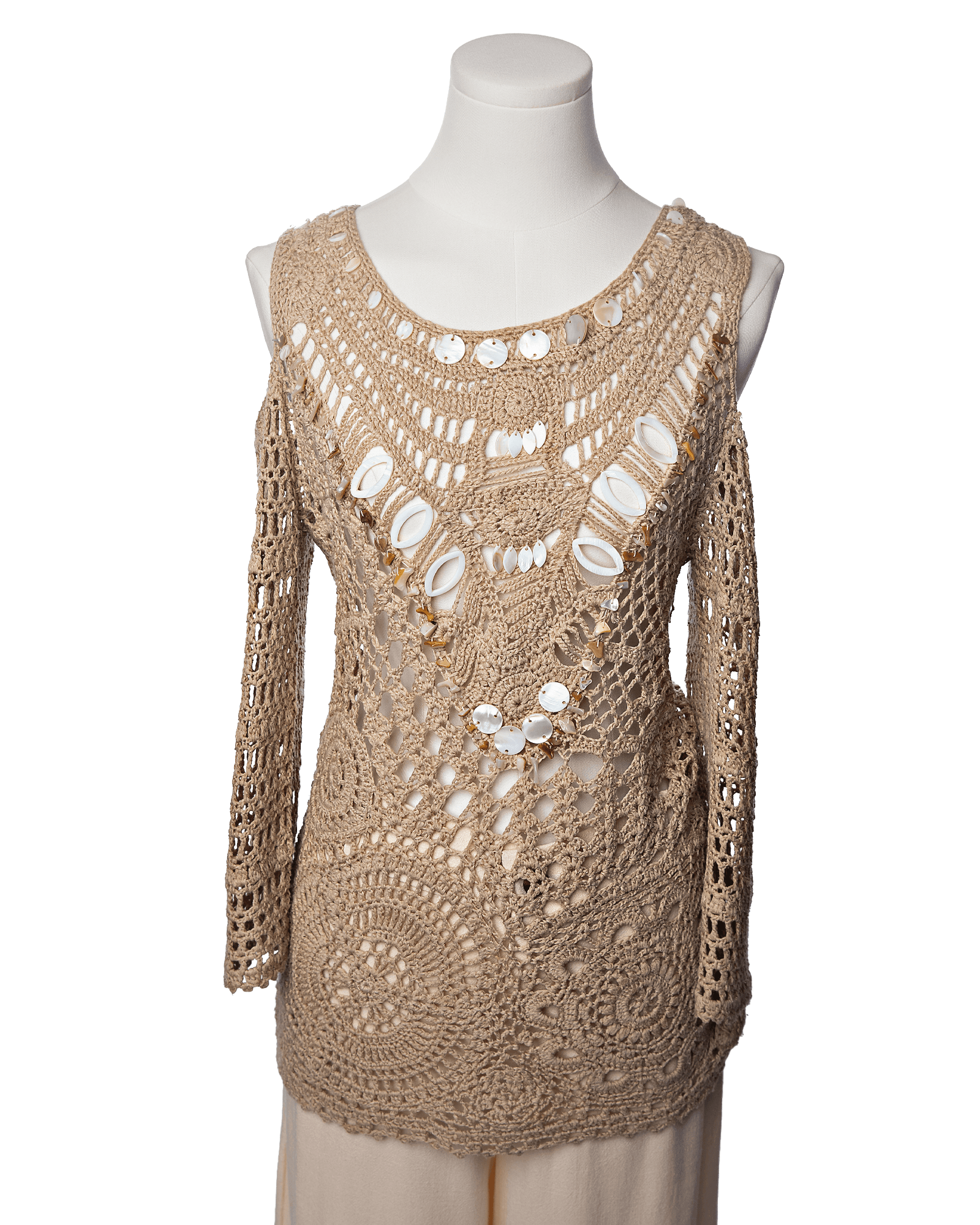 Dolce Cabo Shell Embellished Crochet Resort Top in Sand Pearl