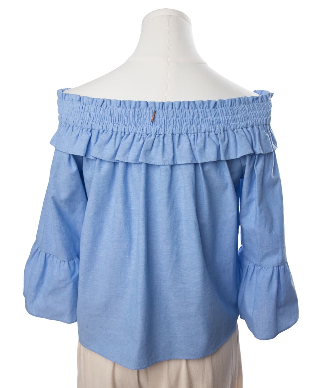 MISA Los Angeles Alma Off-the-Shoulder Ruffle Top in Denim Blue