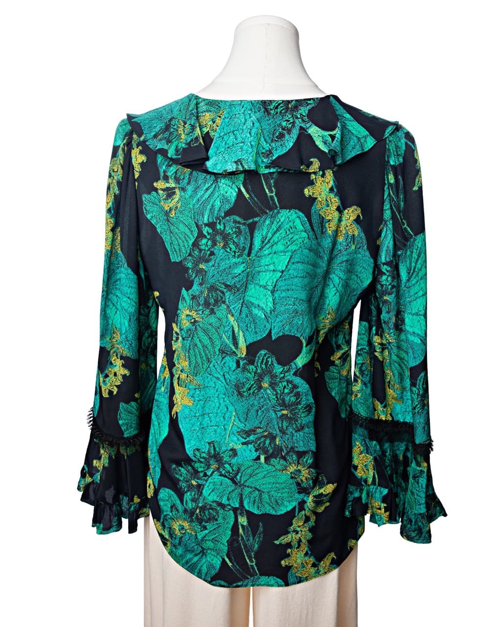 Kobi Halperin Dahlia Silk Ruffle Blouse in Emerald Noir Botanical