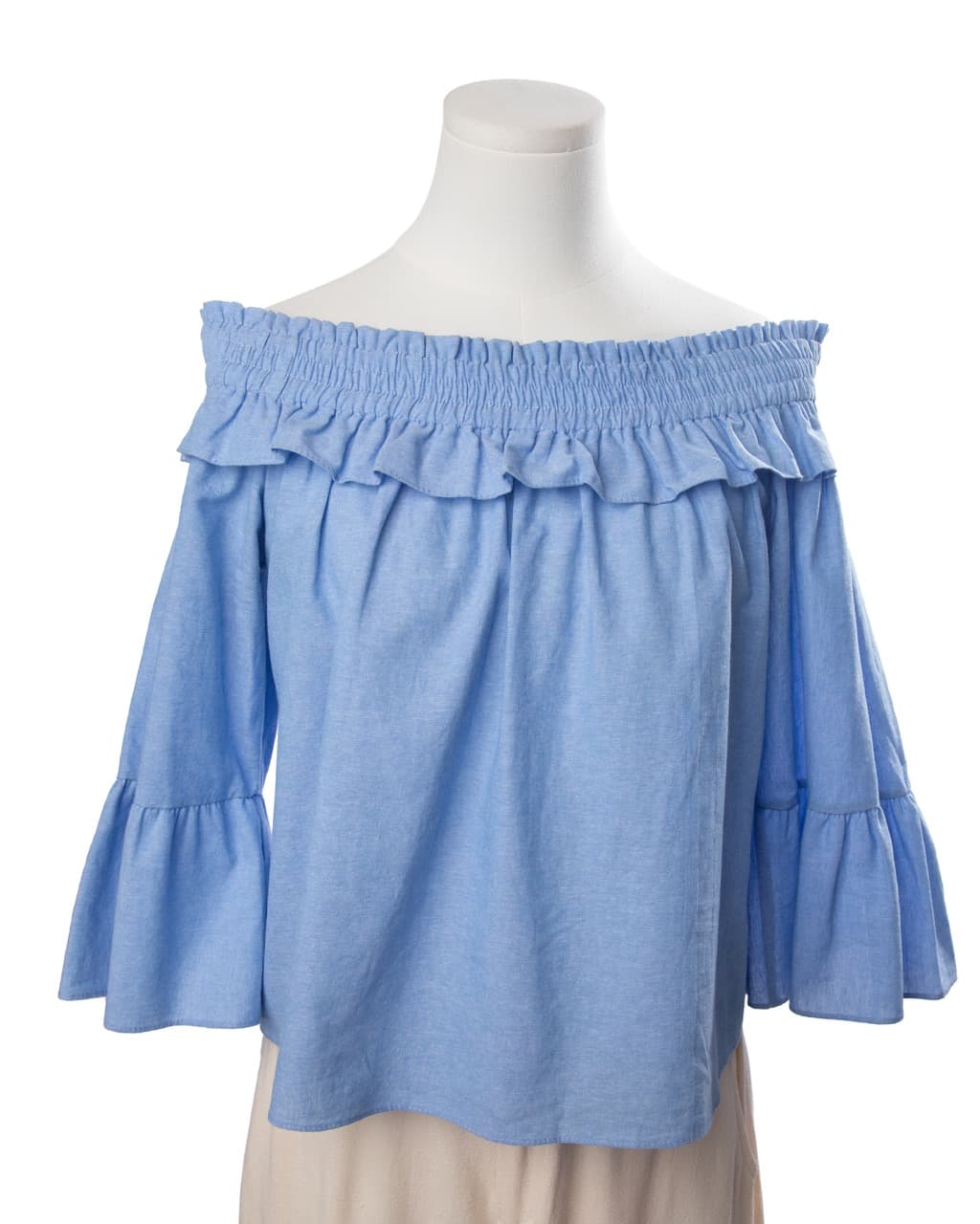 MISA Los Angeles Alma Off-the-Shoulder Ruffle Top in Denim Blue