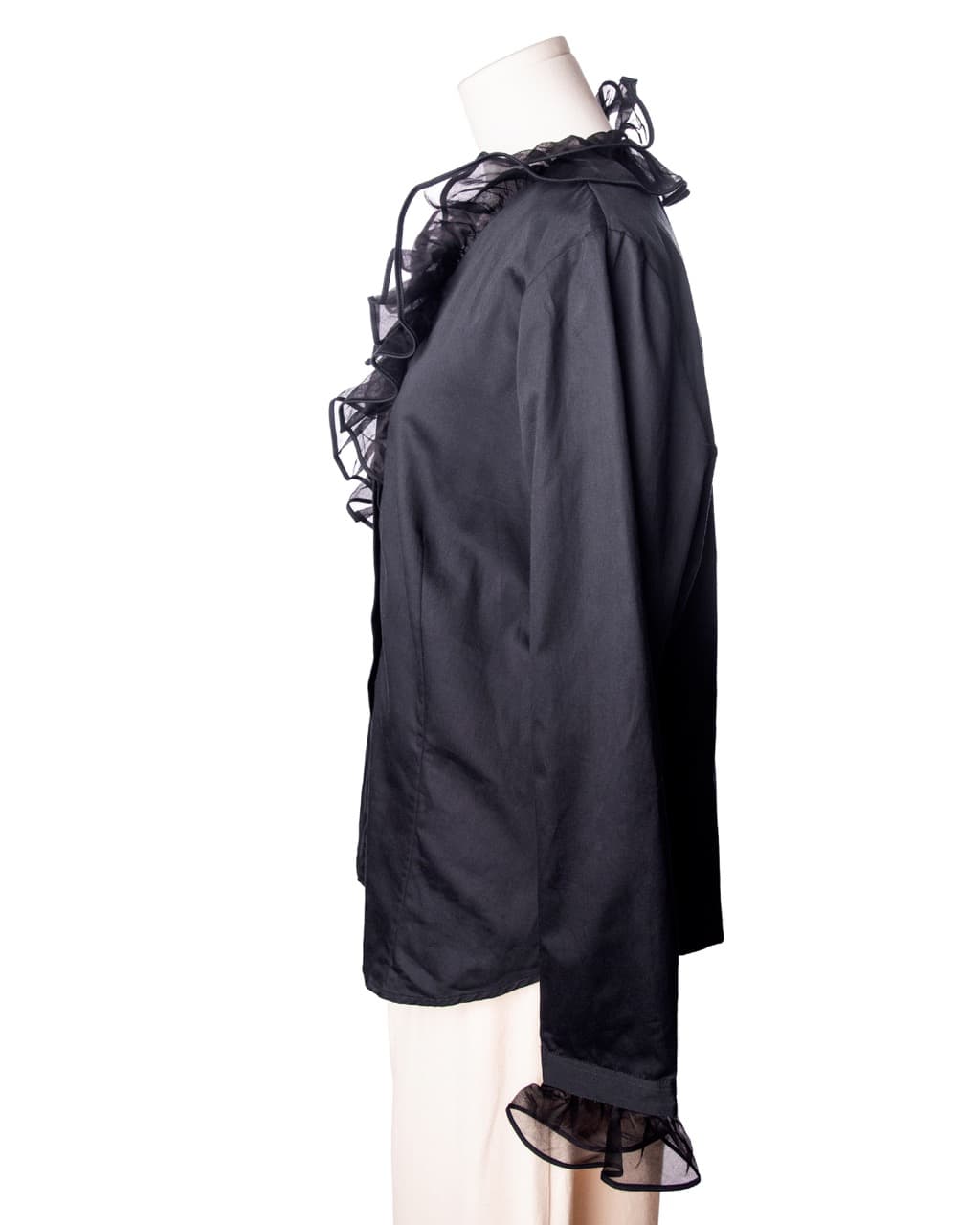 Gorsuch Black Cotton Ruffle Button-Down Blouse | Sheer Organza Trim