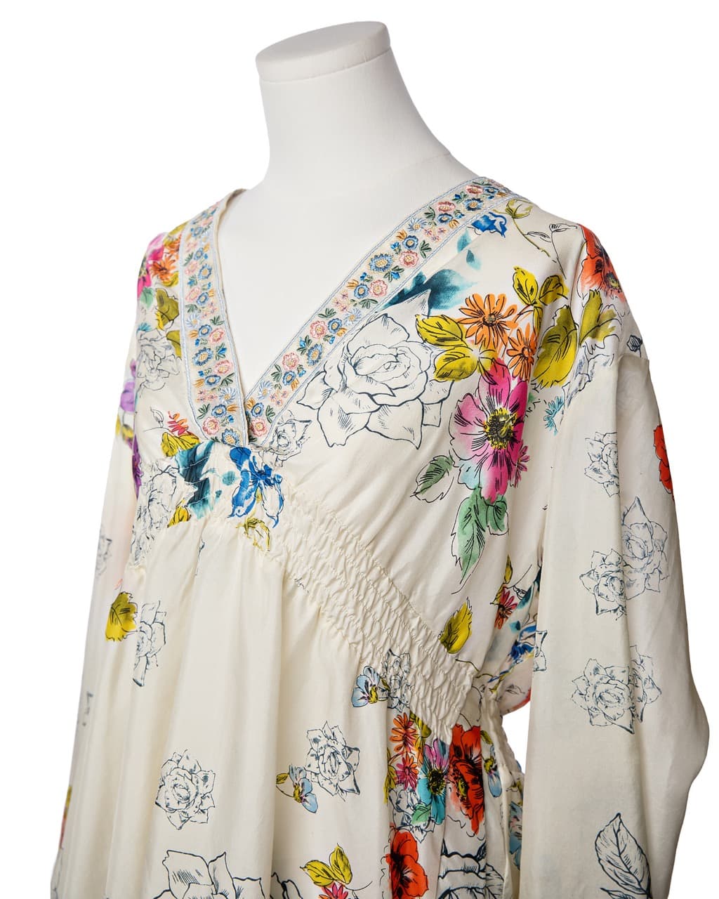 Johnny Was Silk Floral Embroidered V-Neck Tunic Blouse