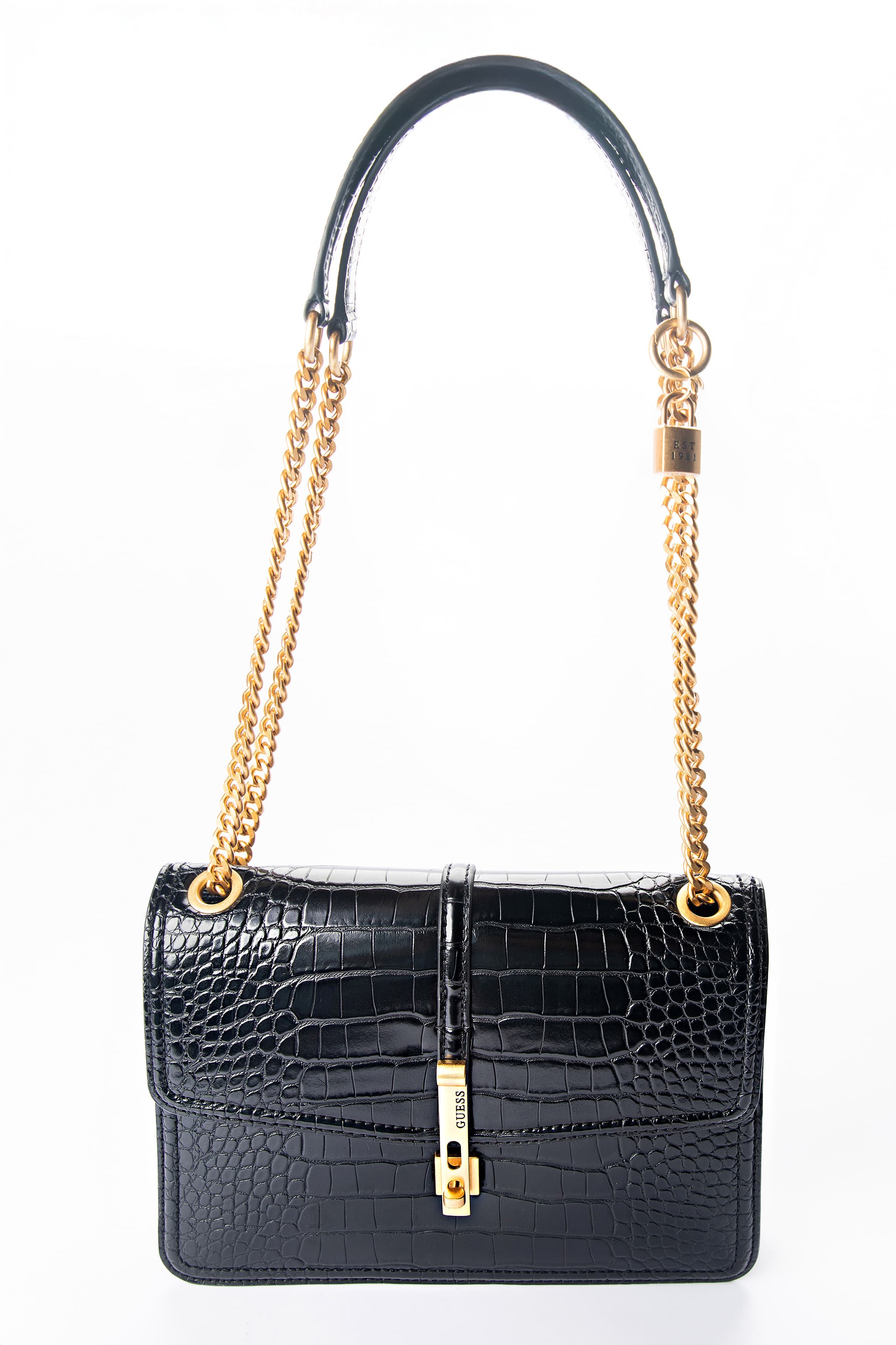 GUESS Black Croc-Embossed Chain Crossbody Bag