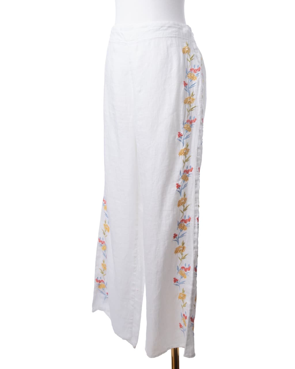 Calypso St. Barth White Linen-Blend Embroidered Wide-Leg Pants