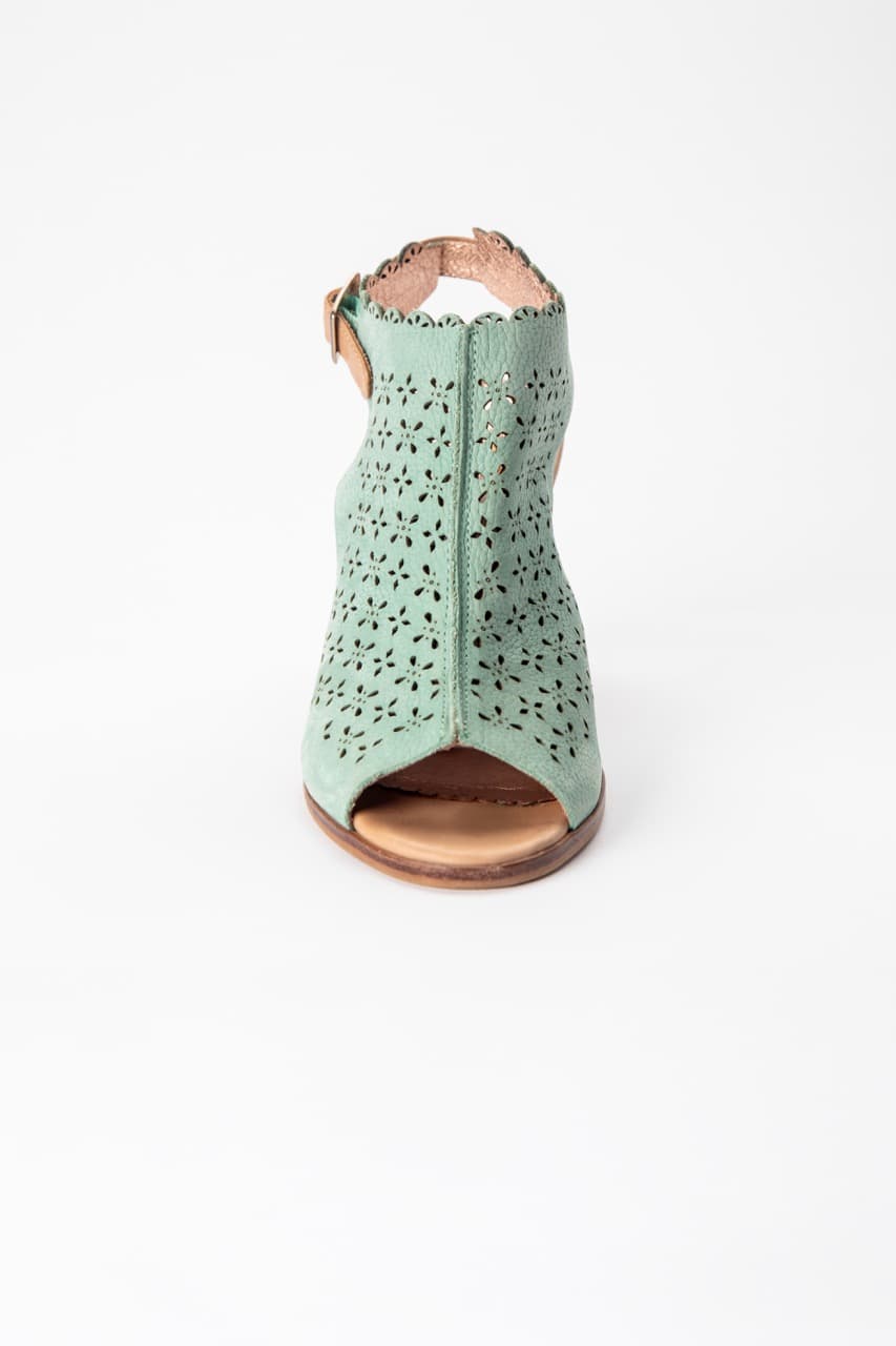 Miss Albright Mint Laser-Cut Leather Peep-Toe Block Heel Sandals