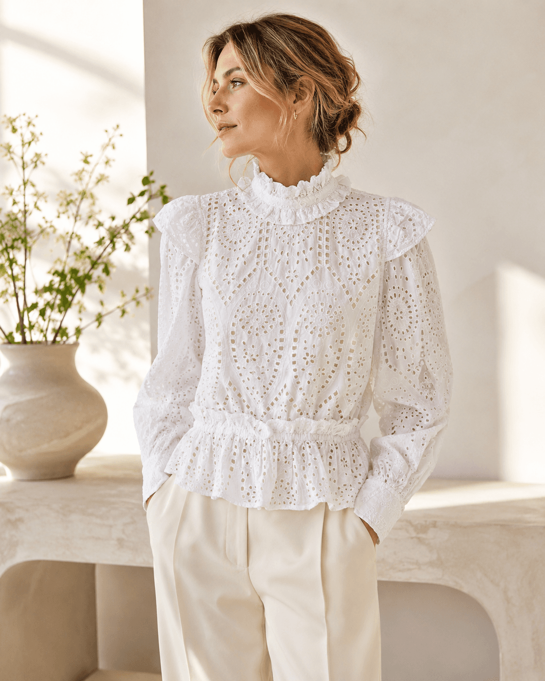 GANNI White Cotton Eyelet Open Back Ruffle Peplum Blouse
