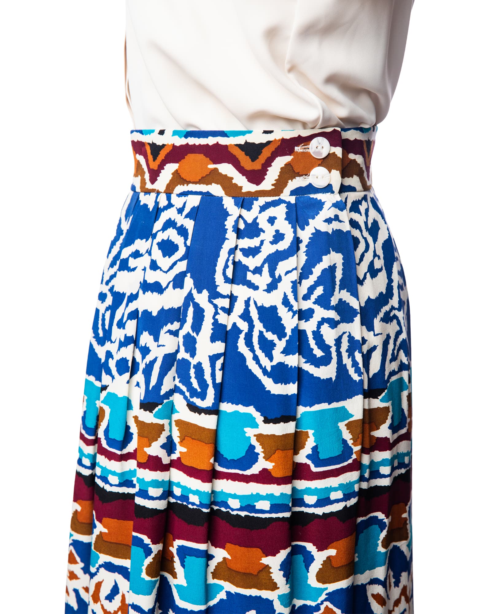 Alfred Sung Cobalt Mosaic Silk Pleated Maxi Skirt