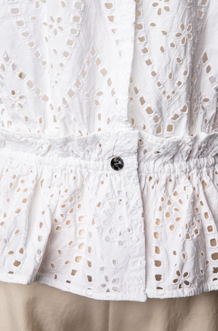GANNI White Cotton Eyelet Open Back Ruffle Peplum Blouse