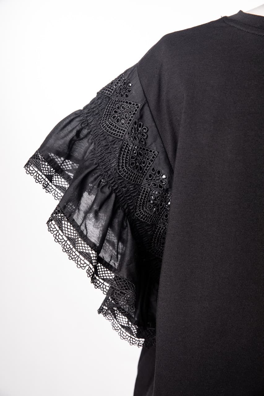 Kobi Halperin Black Embroidered Ruffle Sleeve Cotton Knit Top