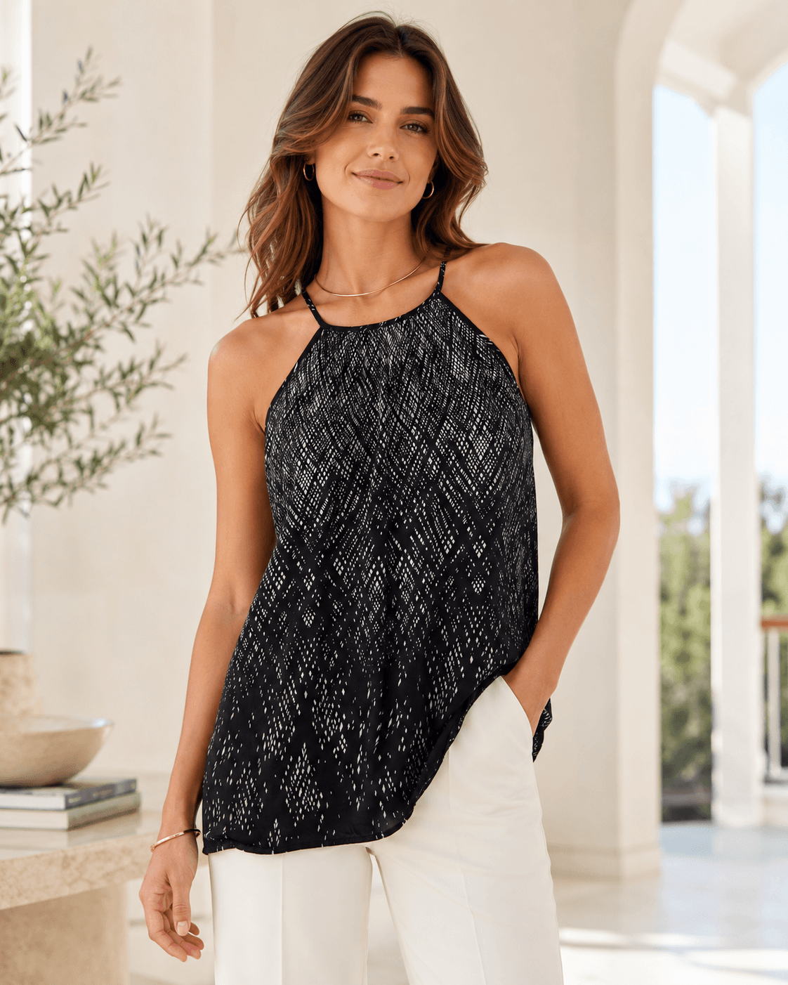 Joie Leikyn Silk Halter Blouse in Noir Ivory Geo