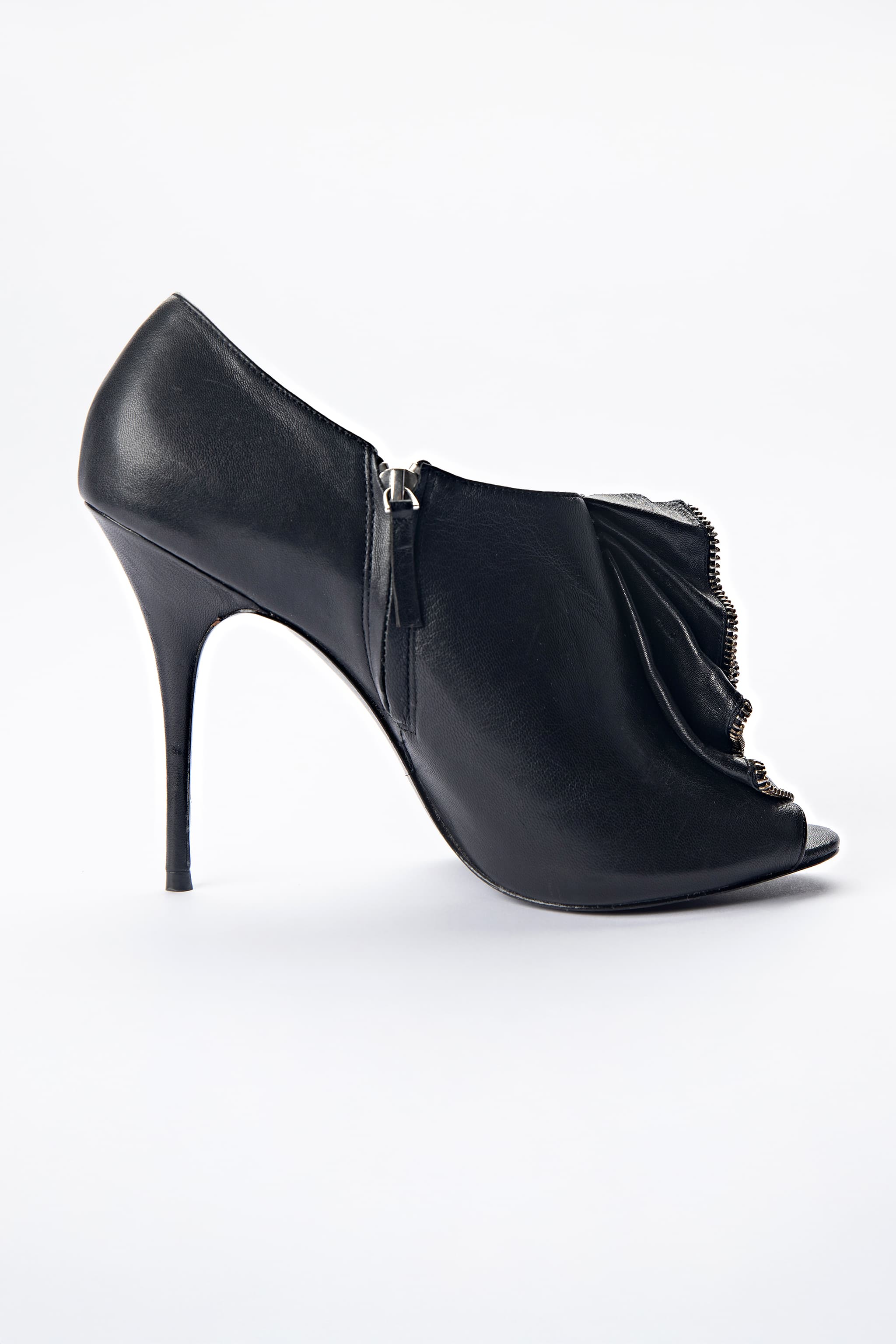 Elizabeth and James Black Leather Ruffle Peep-Toe Booties