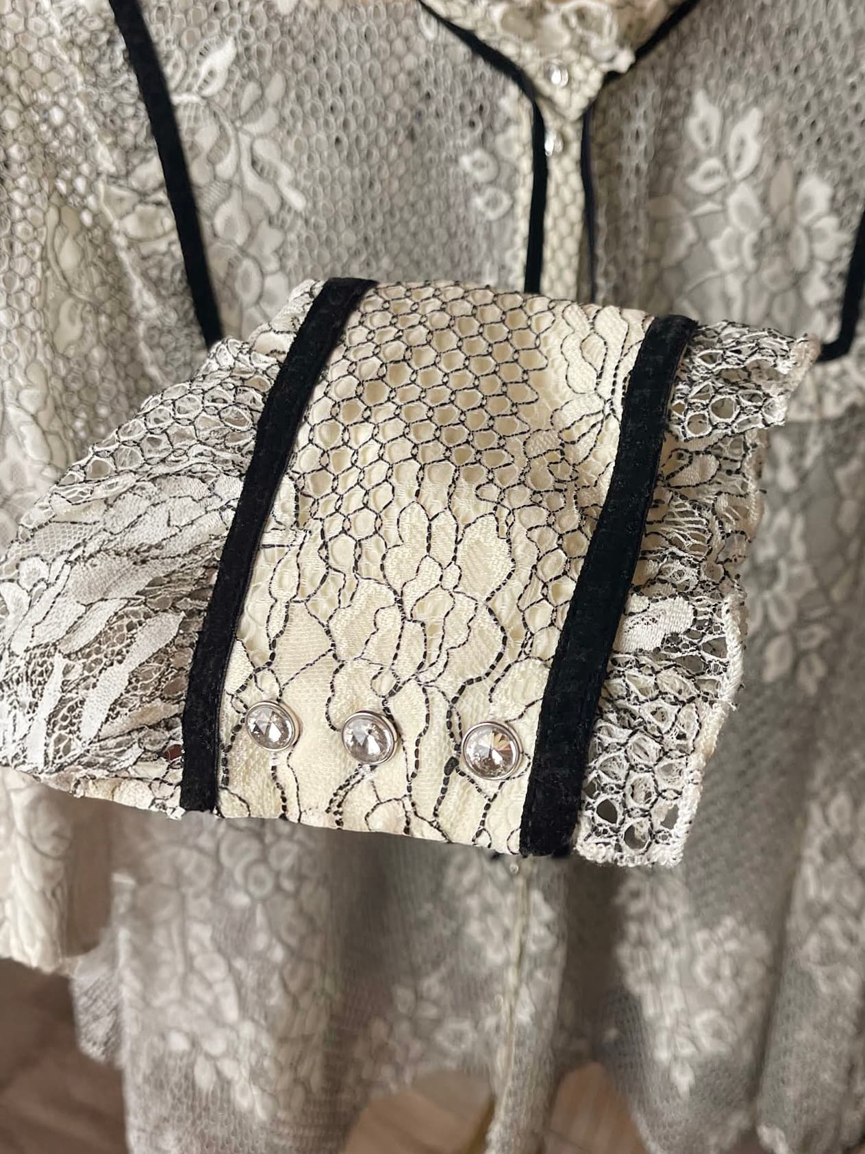A Loves A Ivory Lace Victorian Blouse with Velvet Trim Detail