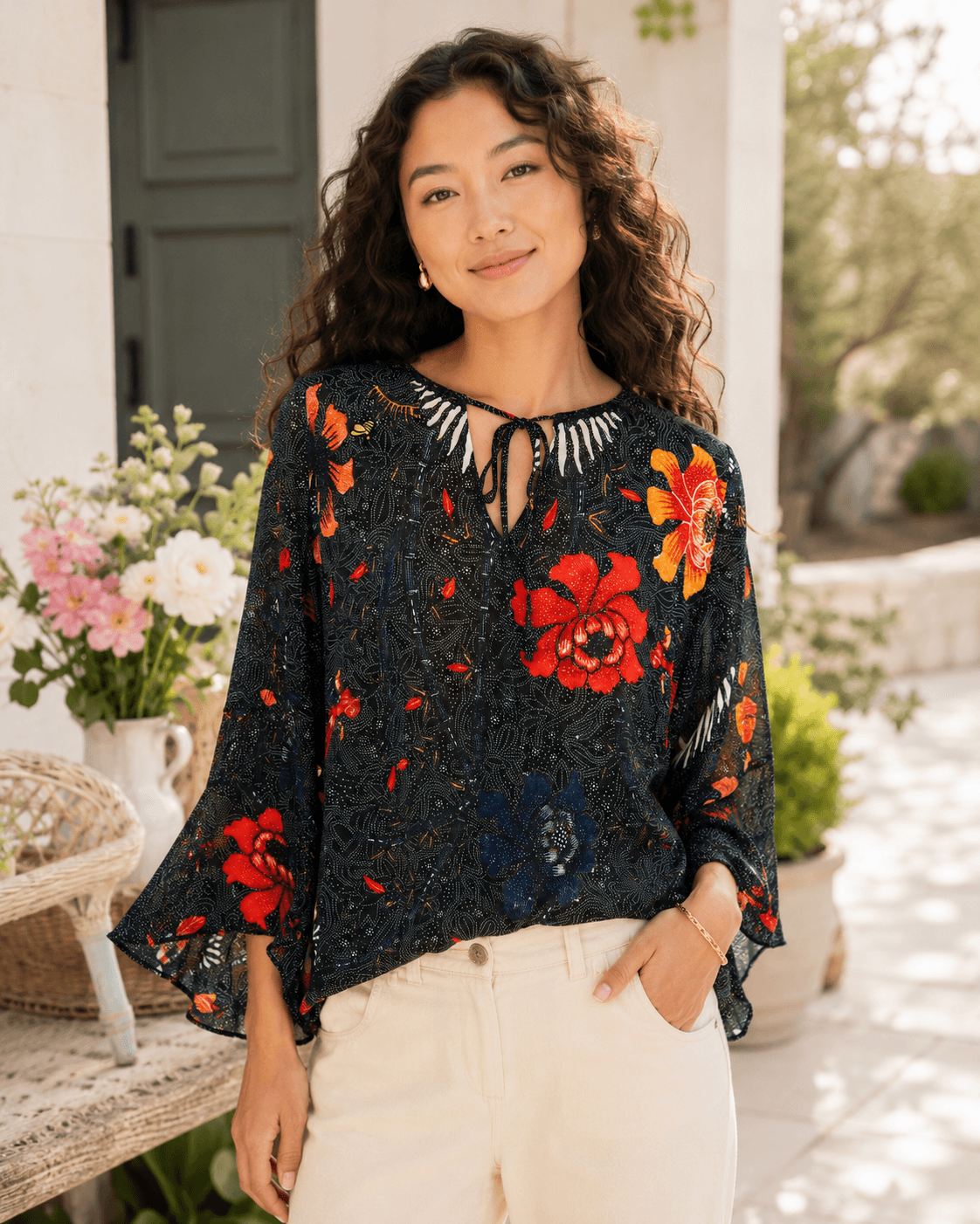 Kobi Halperin Silk Floral & Bee Print Tie-Neck Blouse