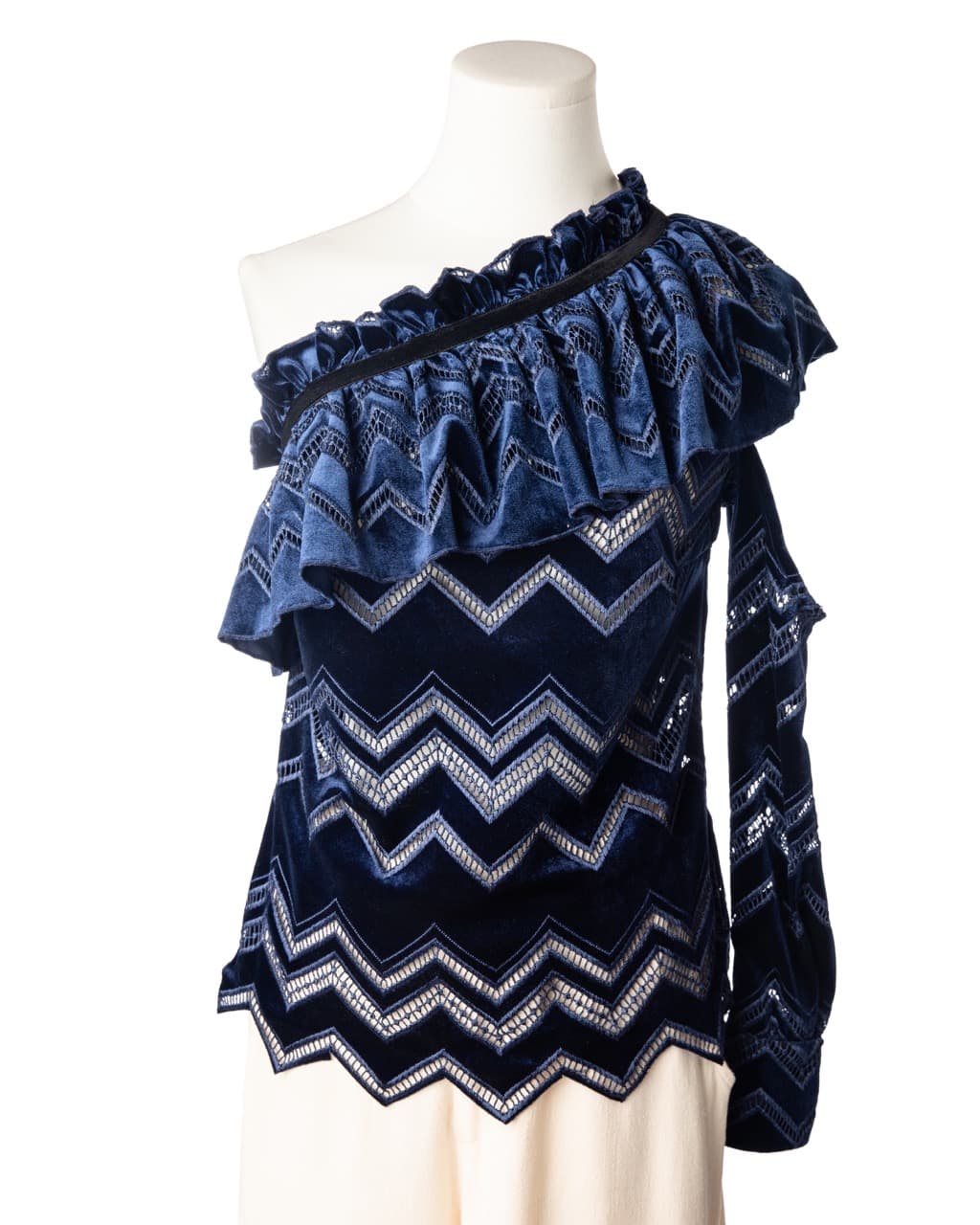 Self-Portrait One-Shoulder Velvet Zigzag Lace Blouse