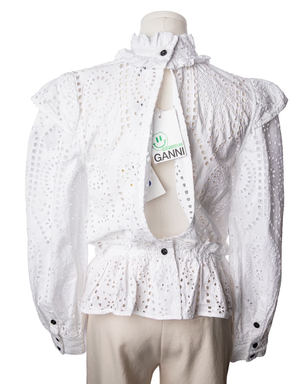 GANNI White Cotton Eyelet Open Back Ruffle Peplum Blouse