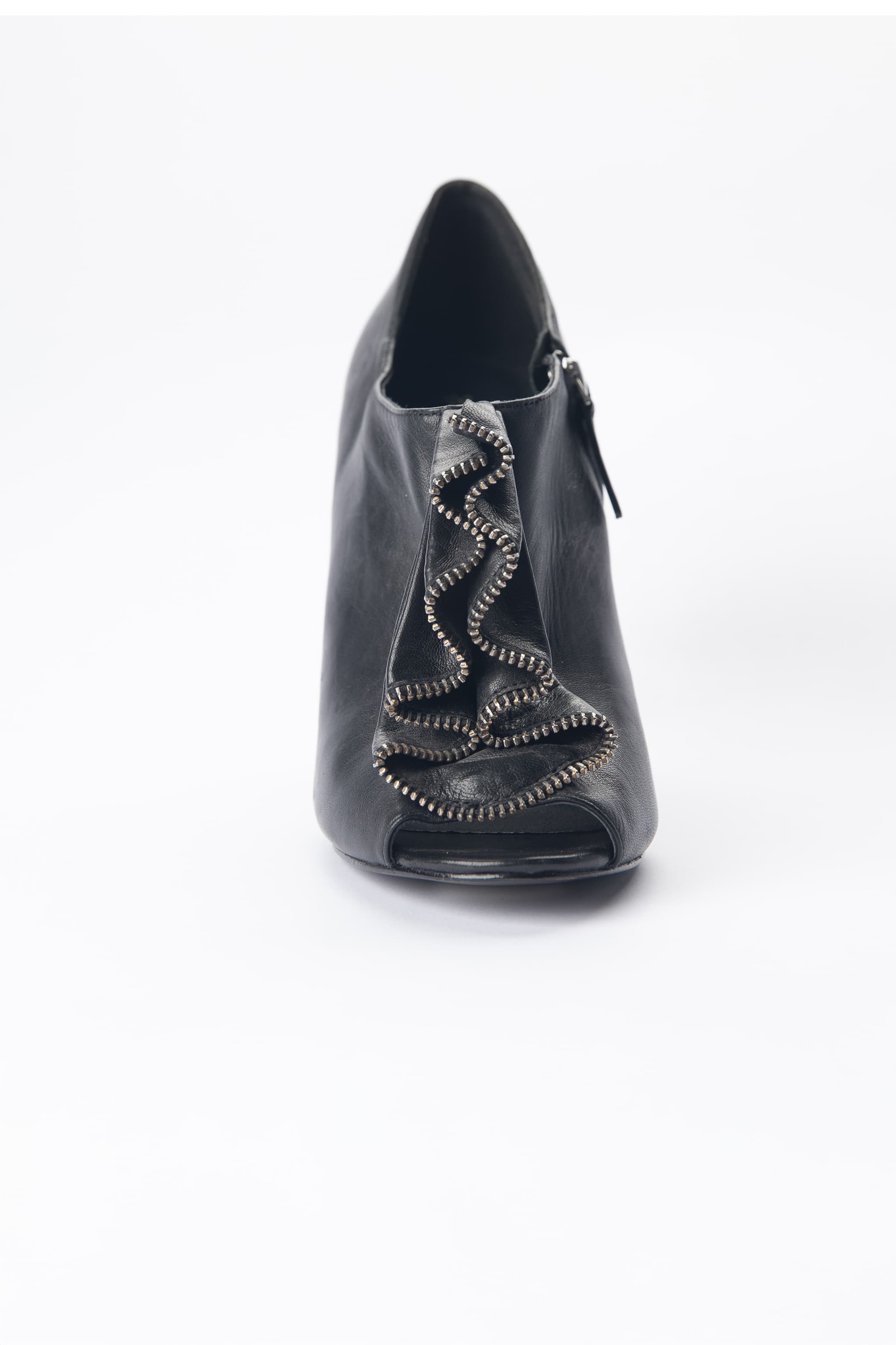 Elizabeth and James Black Leather Ruffle Peep-Toe Booties