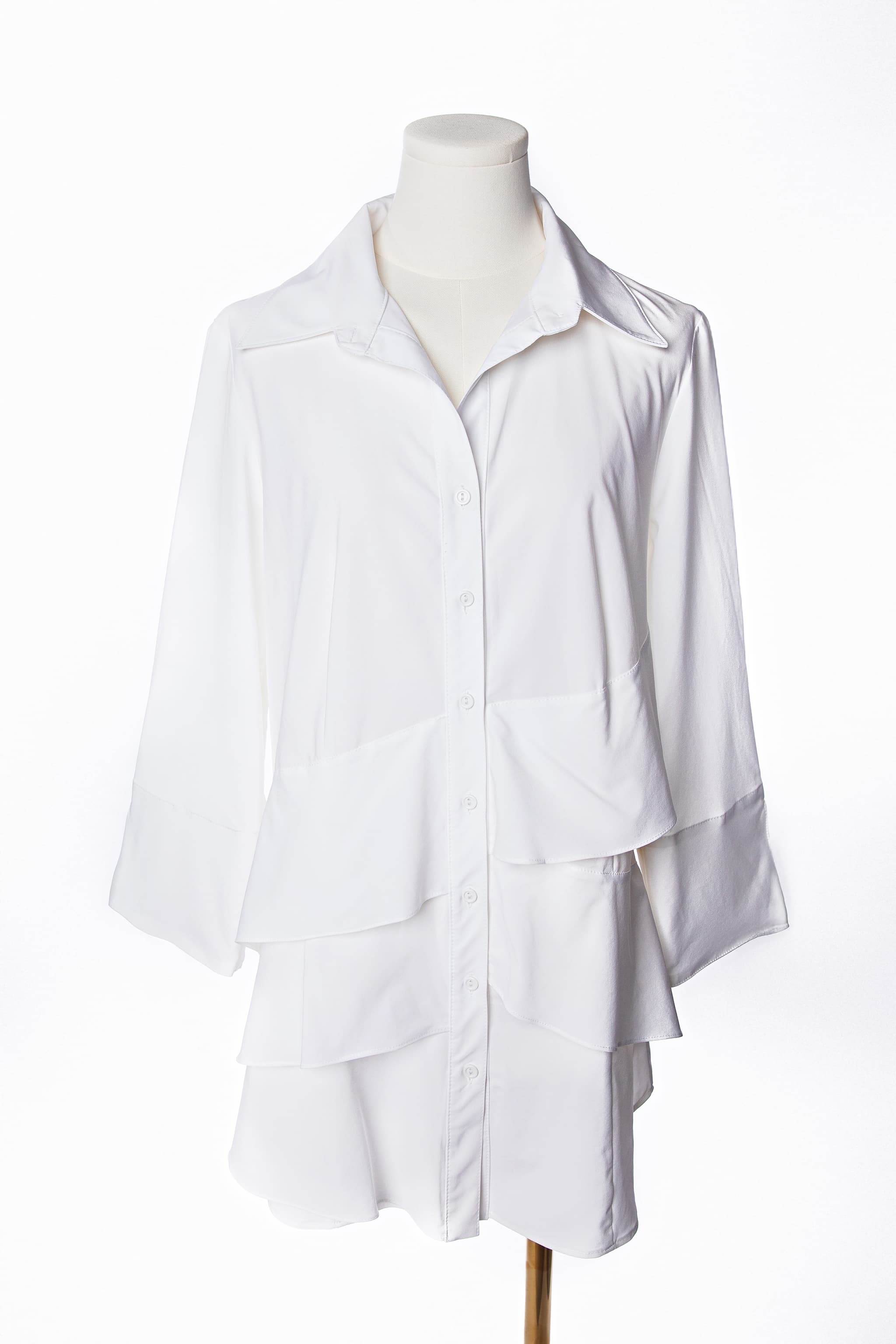 Joseph Ribkoff White Tiered Ruffle Button-Front Shirt Tunic Dress