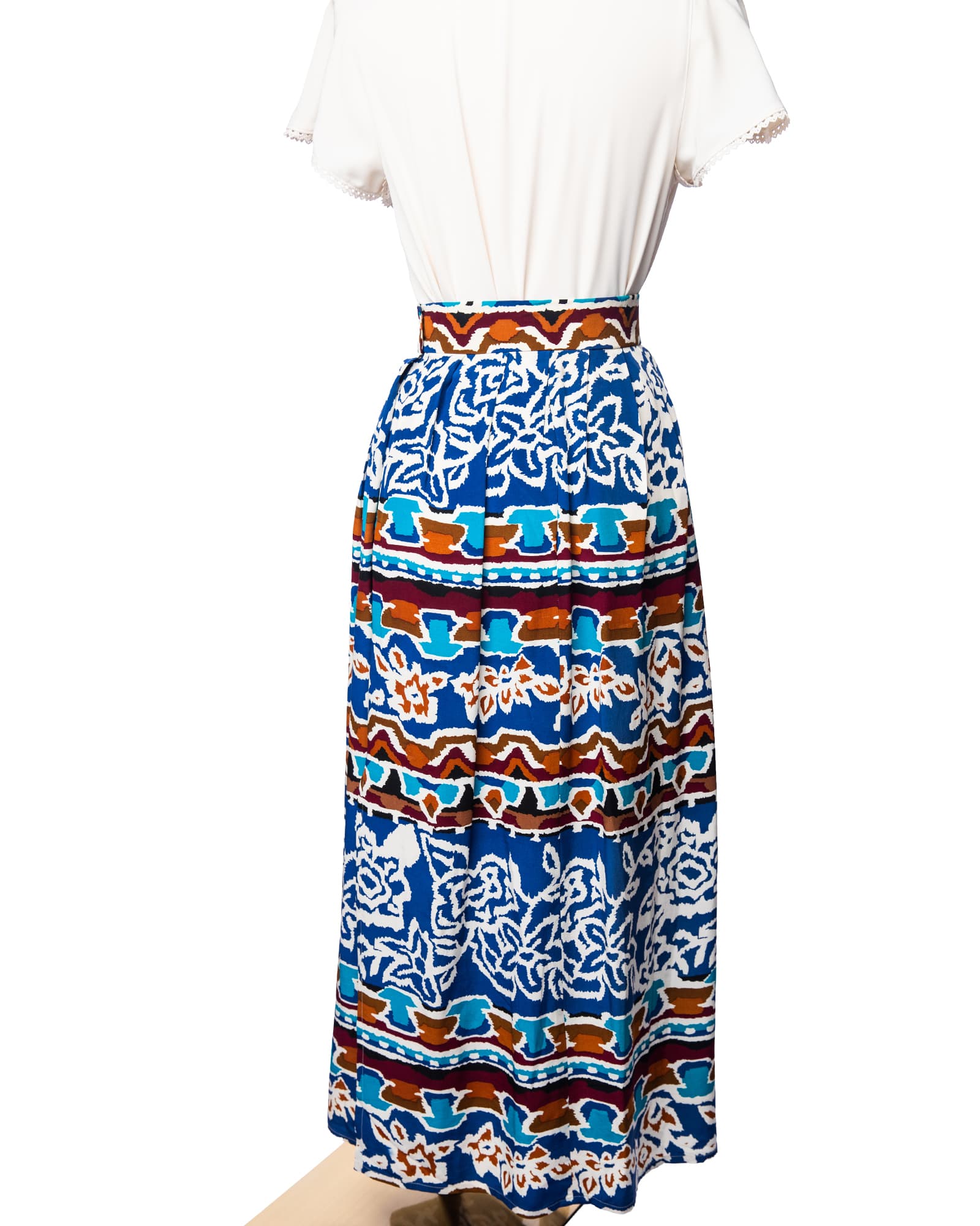 Alfred Sung Cobalt Mosaic Silk Pleated Maxi Skirt