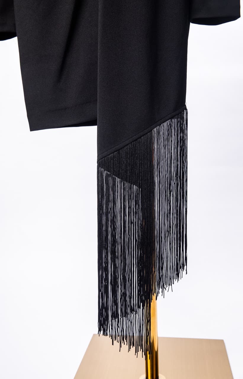 Belle Badgley Mischka Harley Black Crepe Fringe Long Sleeve Bodycon Mini Dress