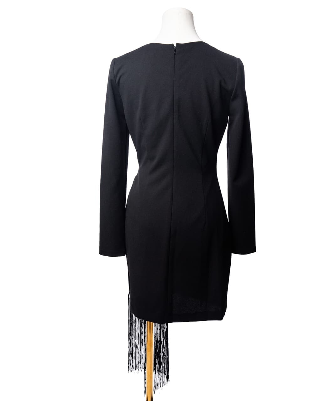 Belle Badgley Mischka Harley Black Crepe Fringe Long Sleeve Bodycon Mini Dress