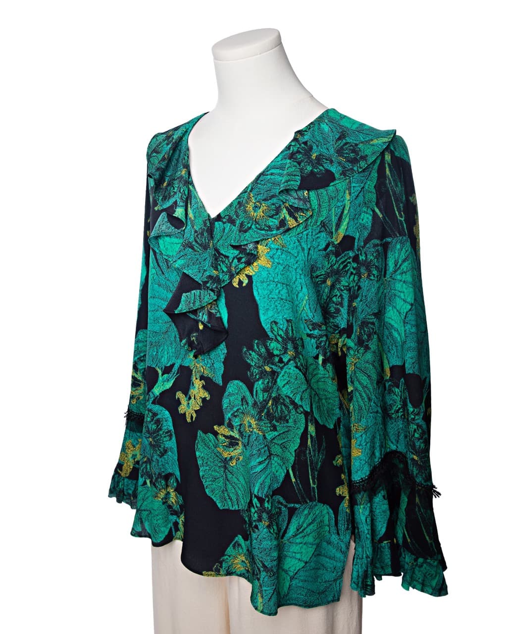 Kobi Halperin Dahlia Silk Ruffle Blouse in Emerald Noir Botanical