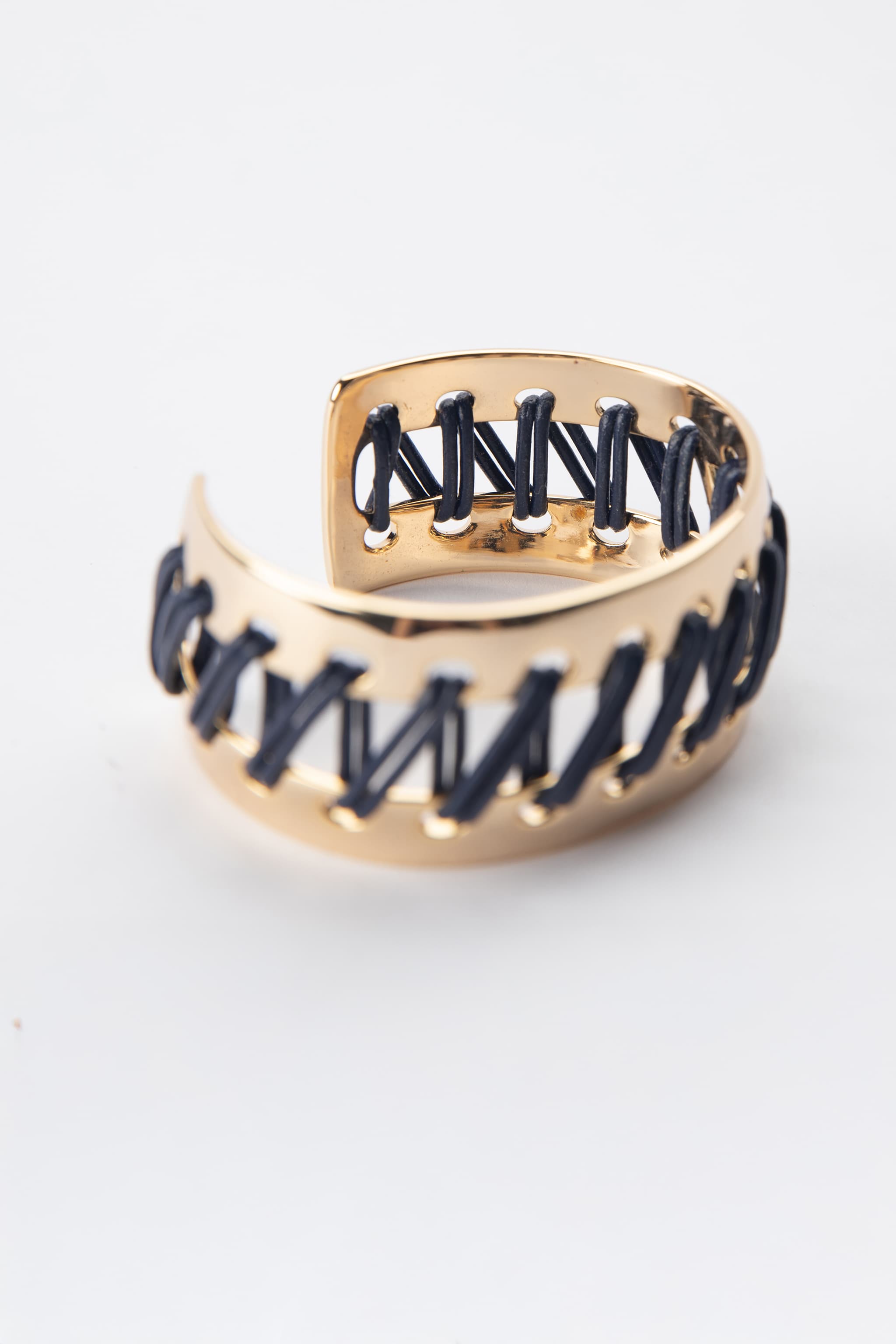 Rustic Cuff Navy Leather Woven Gold Tone Statement Cuff