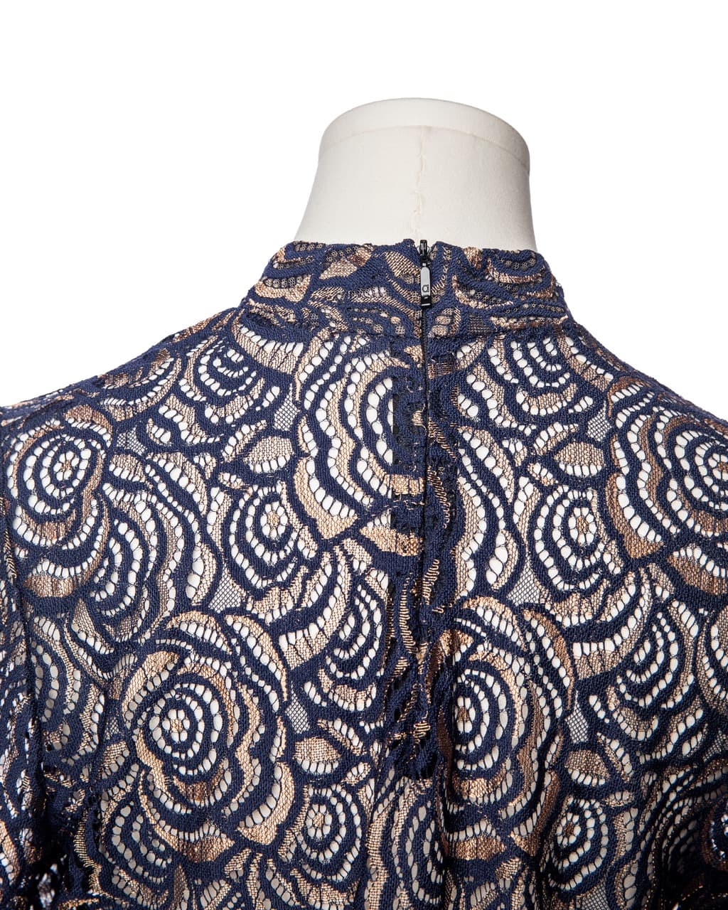 Anne Fontaine Navy Lace Mock Neck Long Sleeve Blouse