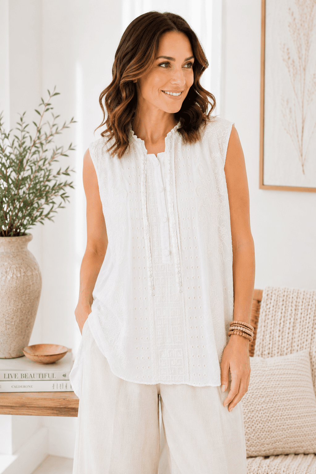 Johnny Was Embroidered Sleeveless Cupra Blend Boho Blouse