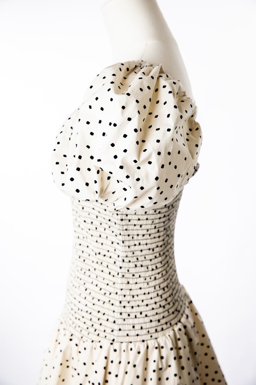 Tanya Taylor Eden Polka Dot Puff-Sleeve Smocked Mini Dress