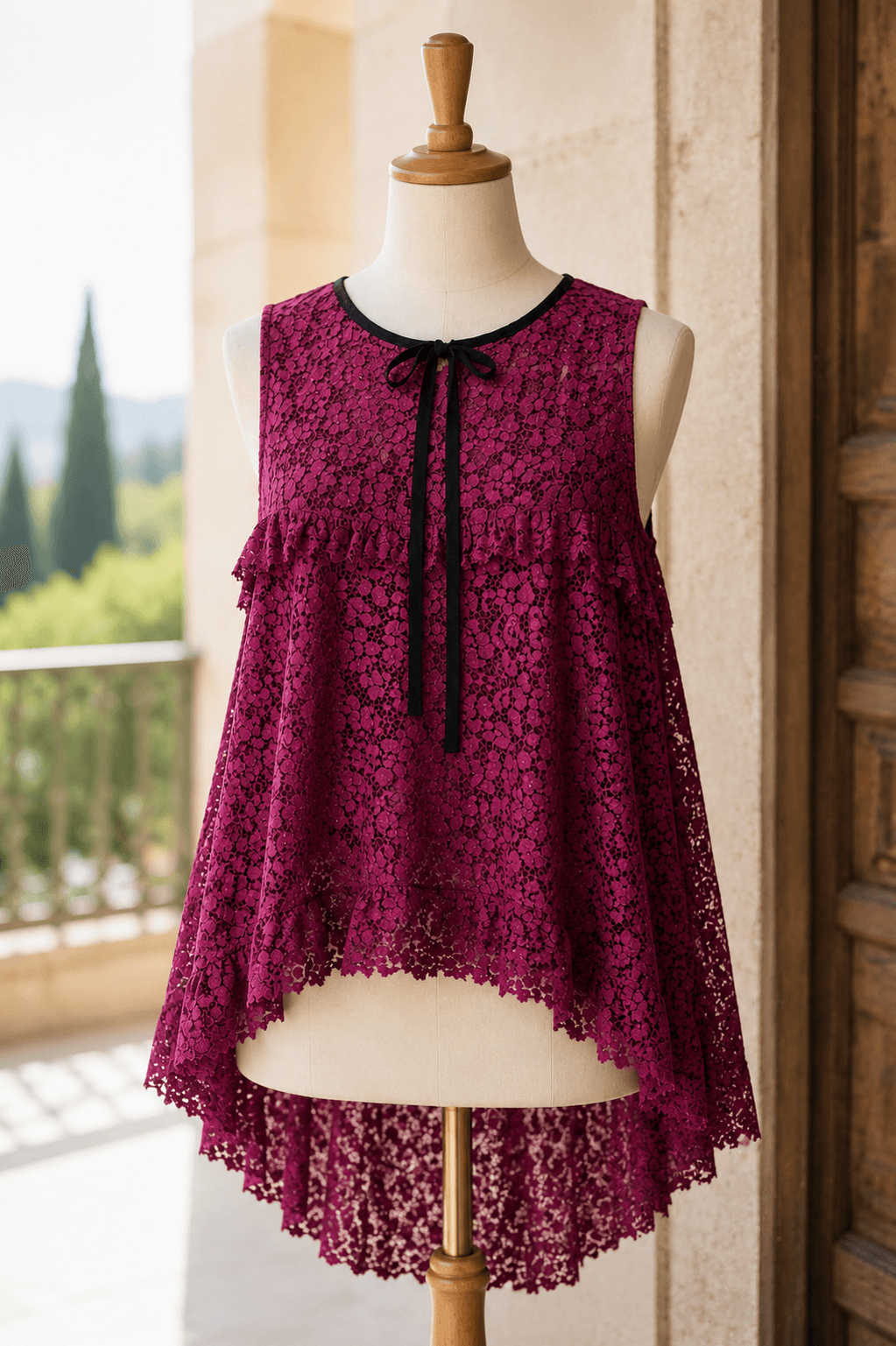 Erdem Magenta Floral Lace High-Low Tunic Blouse