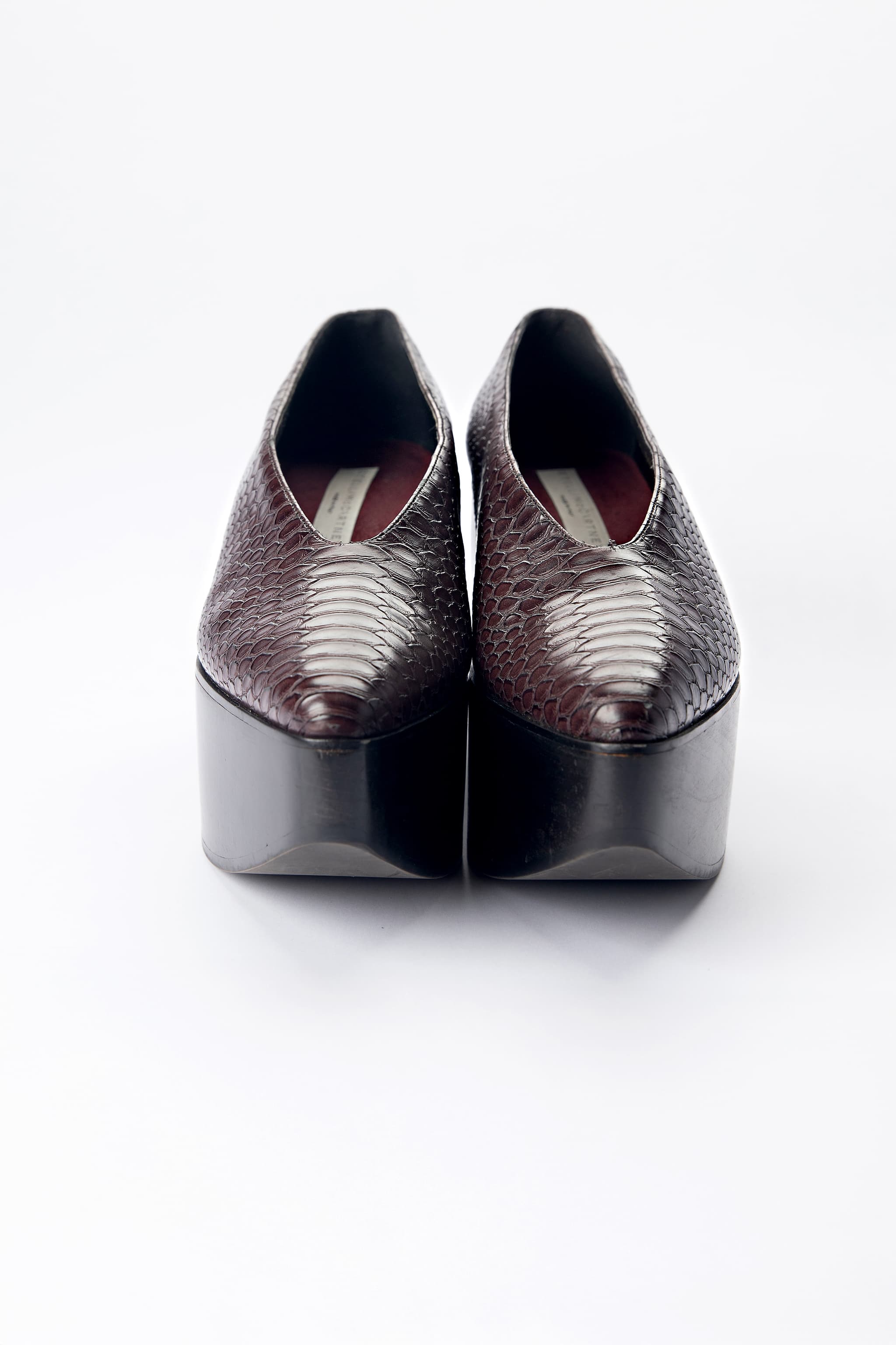 Stella McCartney Burgundy Snake-Effect Platform Wedge Loafers