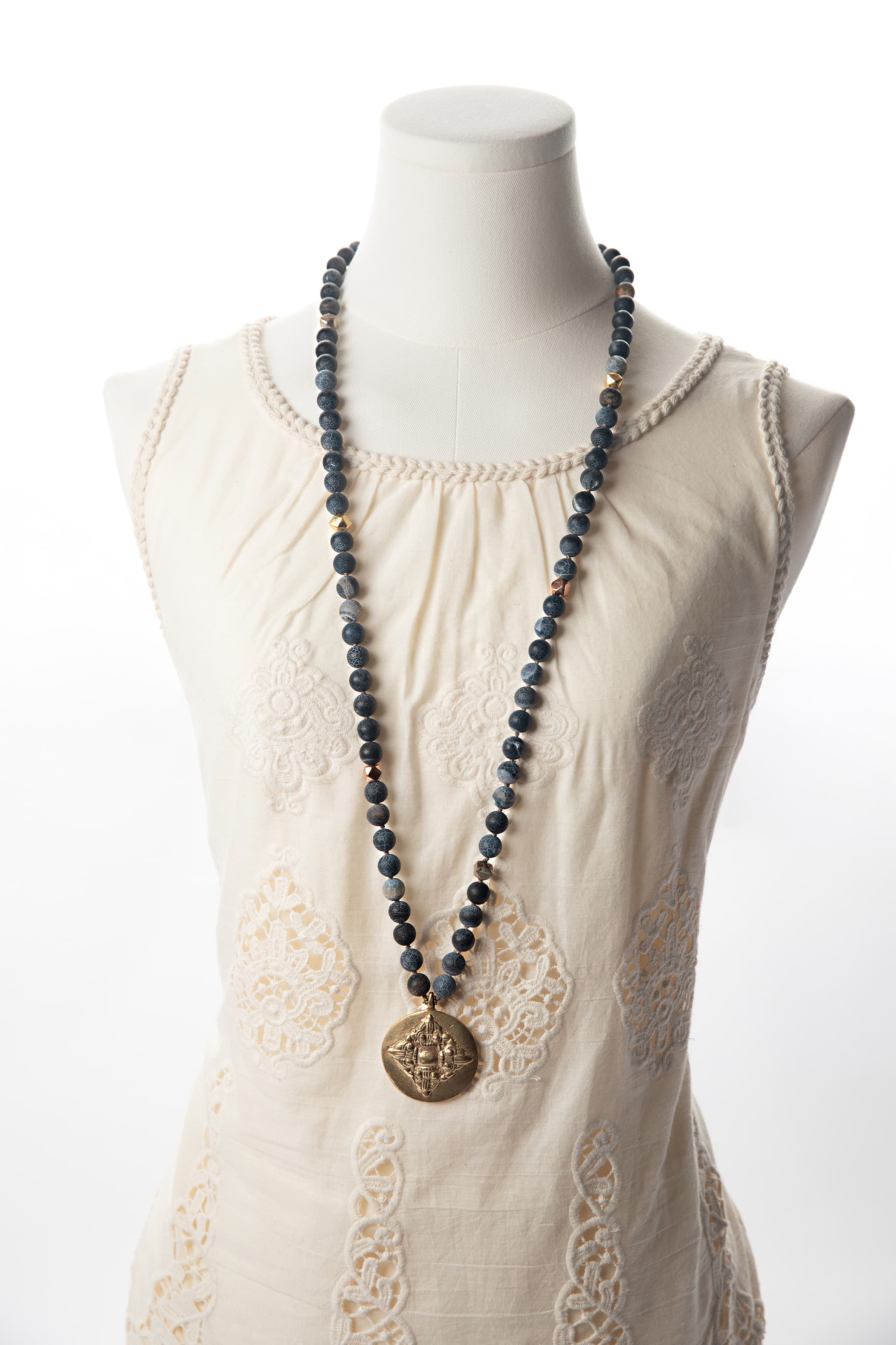 Julio Navy Agate Beaded Medallion Necklace