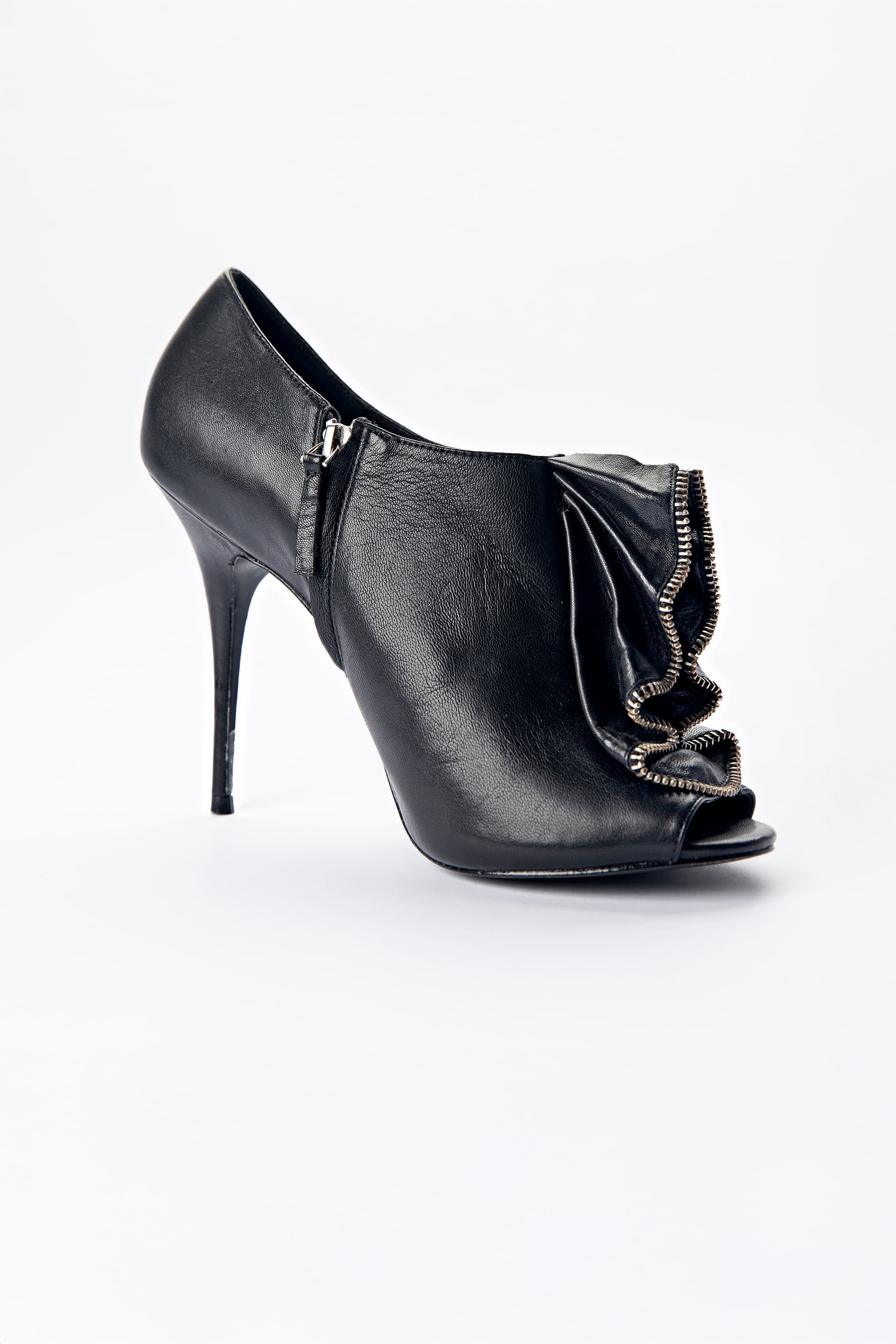 Elizabeth and James Black Leather Ruffle Peep-Toe Booties