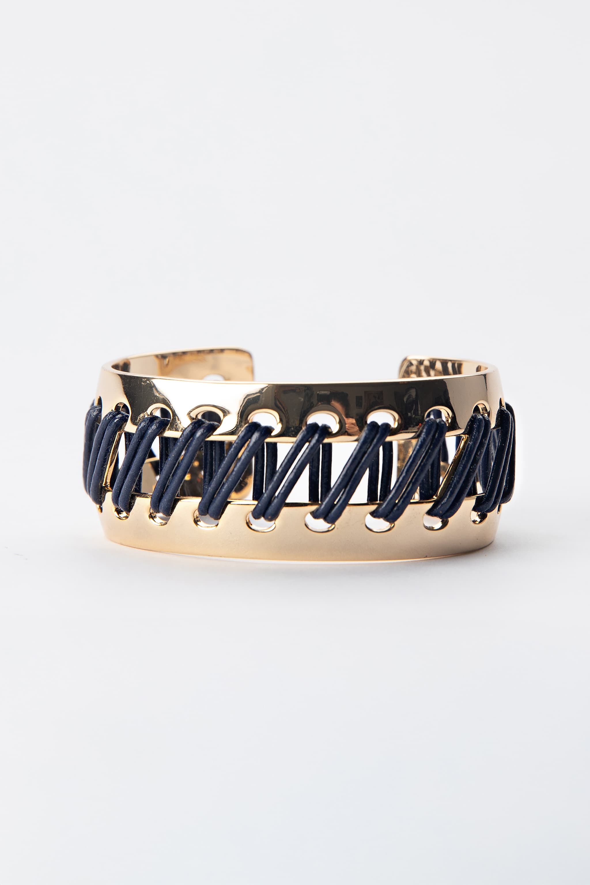 Rustic Cuff Navy Leather Woven Gold Tone Statement Cuff