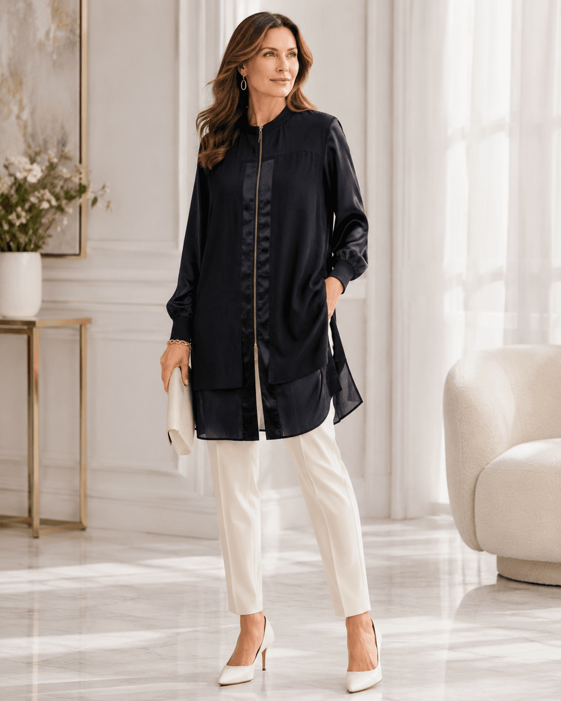 Misook Black Silk Zip-Front Longline Blouse Tunic