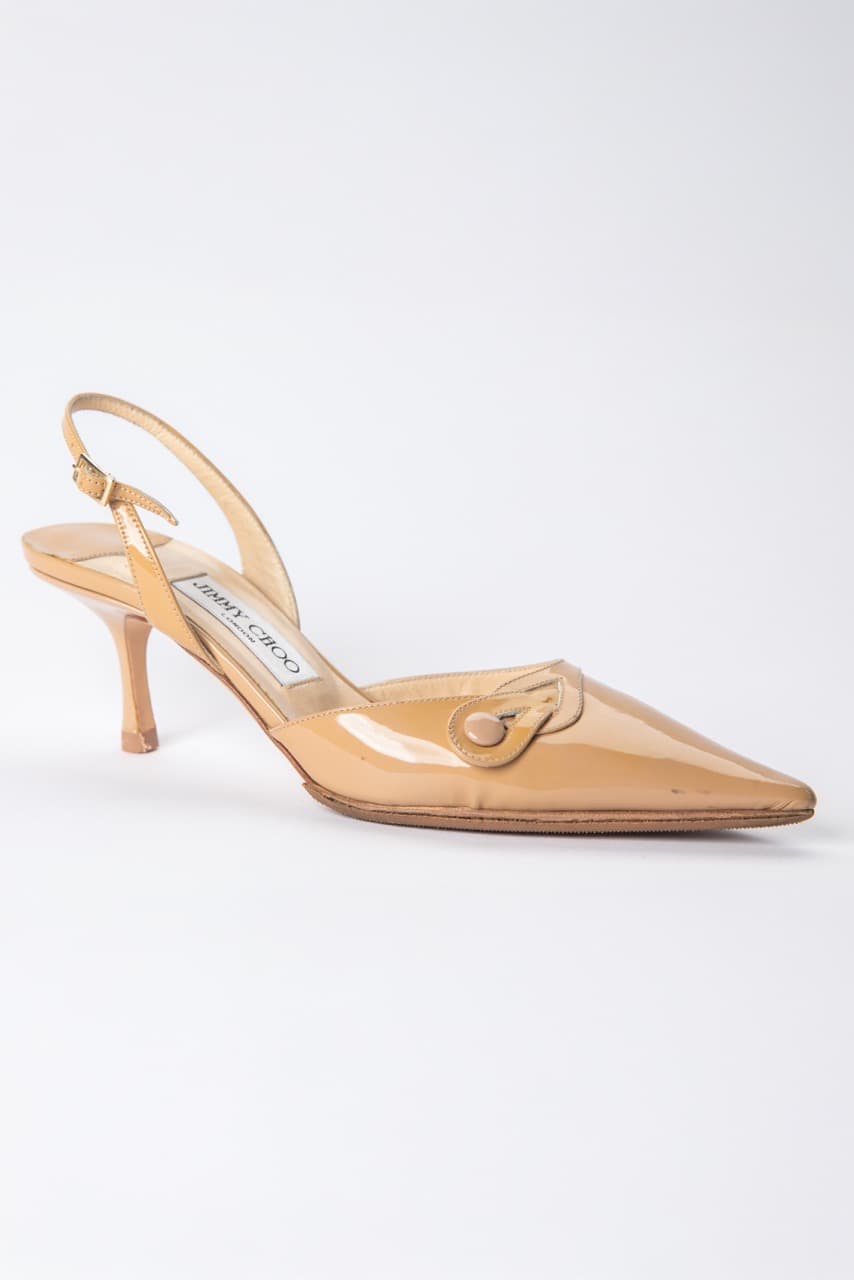 Jimmy Choo Nude Patent Leather Slingback Kitten Heels