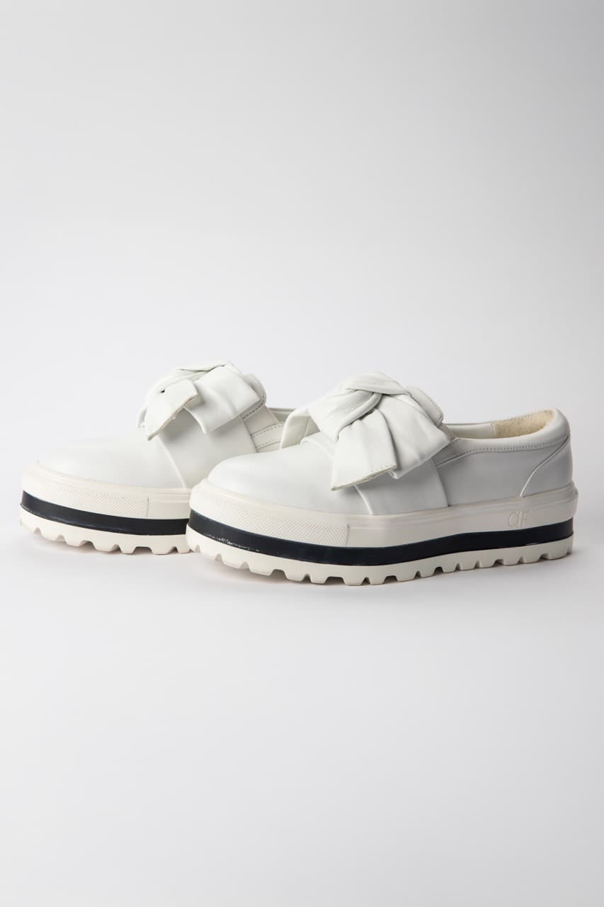 Anne Fontaine White Leather Platform Sneakers with Detachable Bow