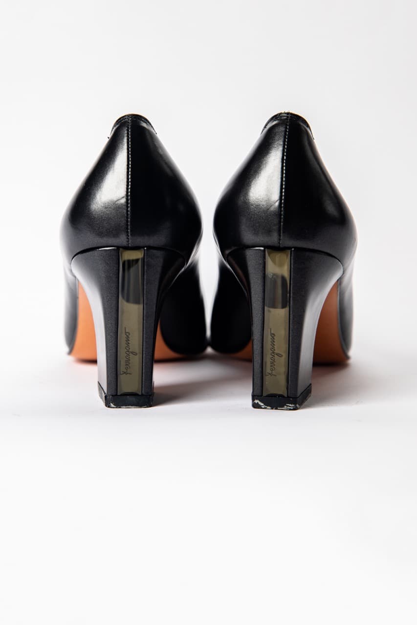 Salvatore Ferragamo Black Leather Block Heel Pumps | Made in Italy