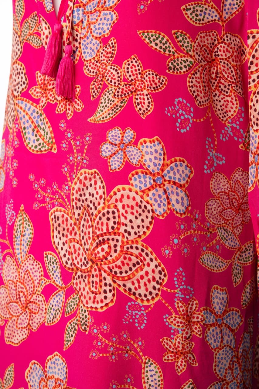 Johnny Was Fuchsia Floral Silk Tassel Shift Dress