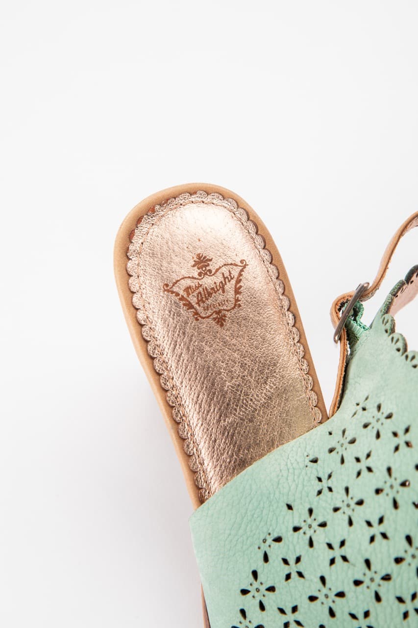 Miss Albright Mint Laser-Cut Leather Peep-Toe Block Heel Sandals