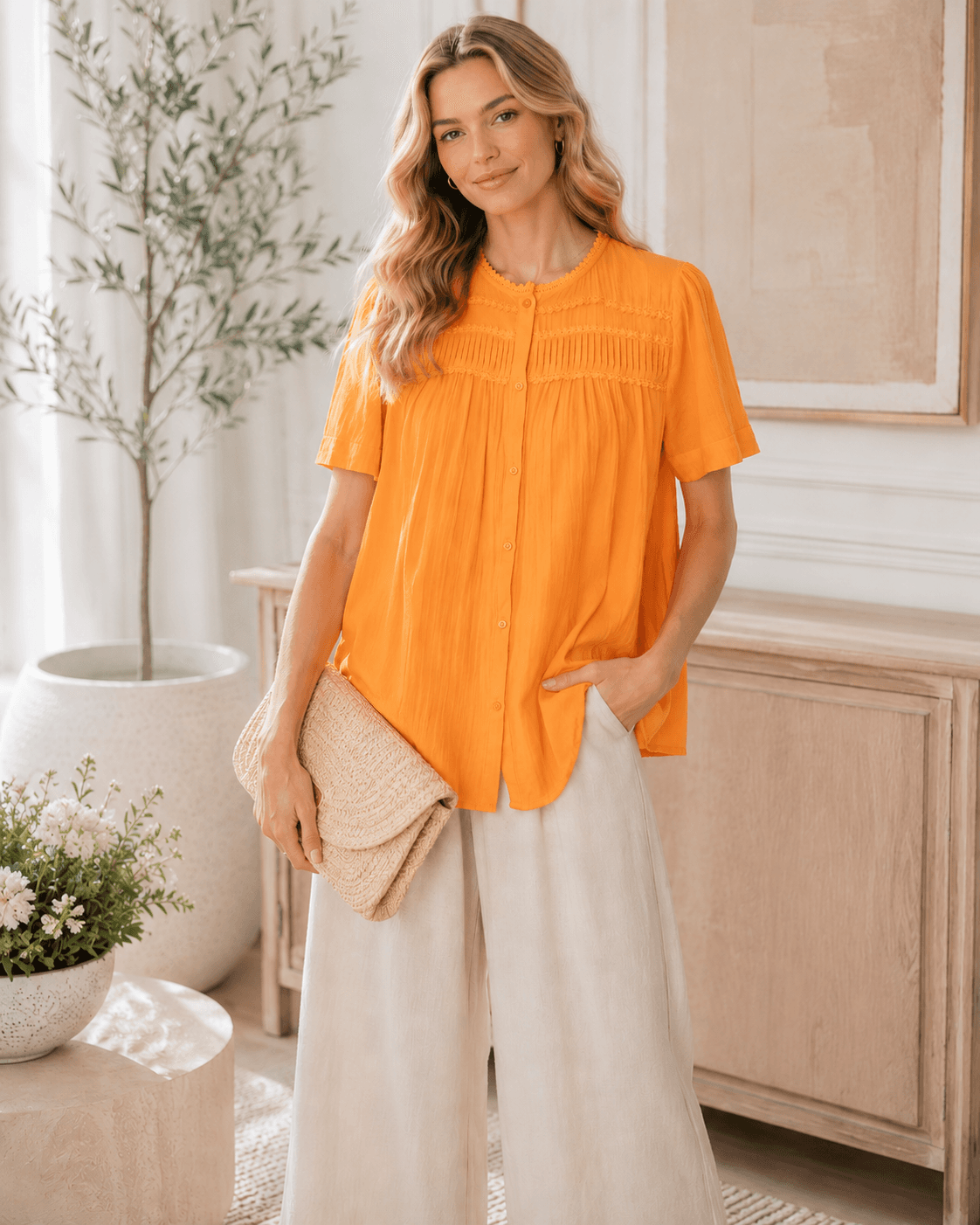 ME+EM Orange Pintuck Button Front Blouse