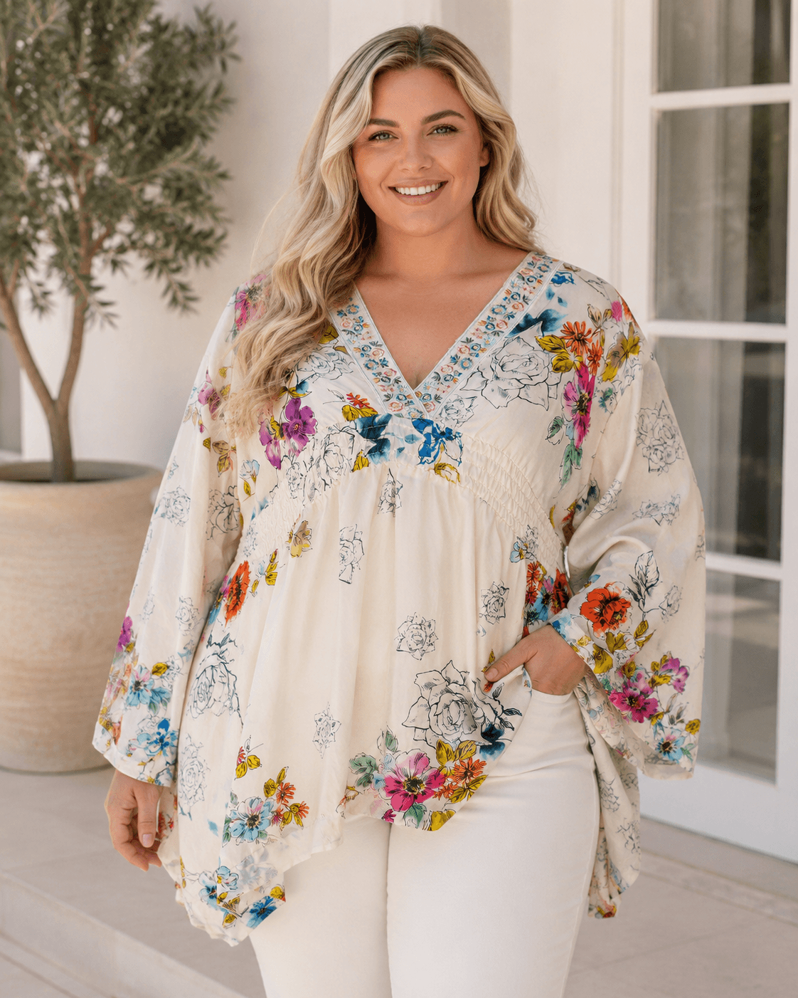 Johnny Was Silk Floral Embroidered V-Neck Tunic Blouse