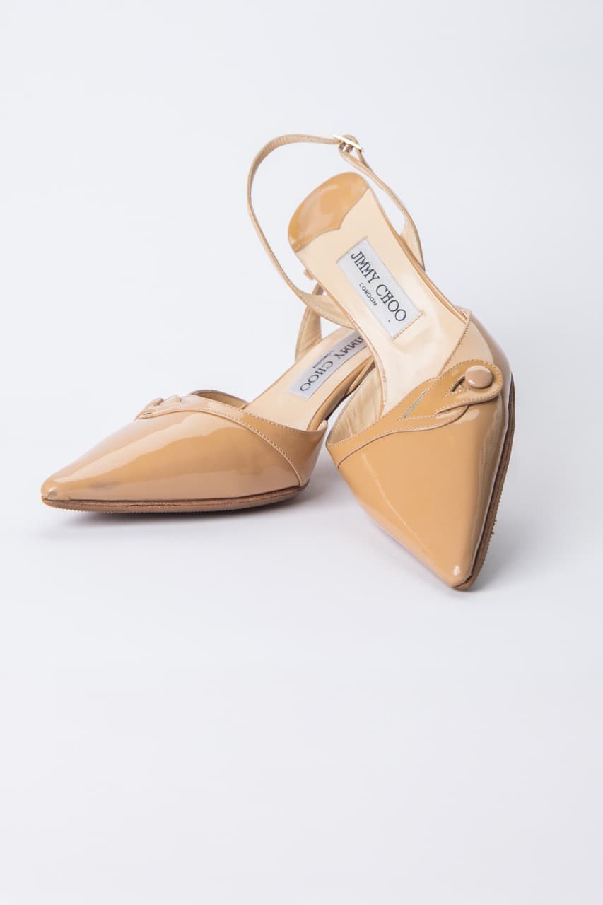 Jimmy Choo Nude Patent Leather Slingback Kitten Heels