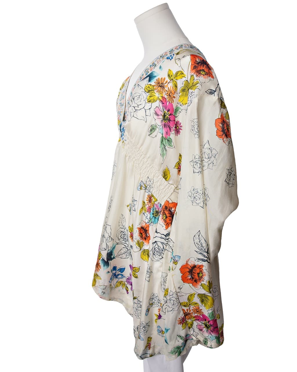 Johnny Was Silk Floral Embroidered V-Neck Tunic Blouse
