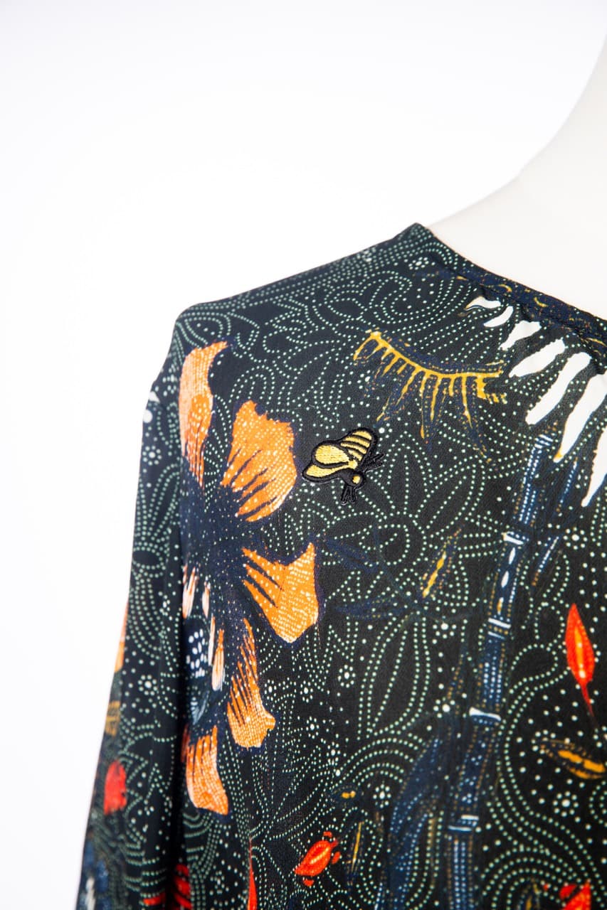 Kobi Halperin Silk Floral & Bee Print Tie-Neck Blouse