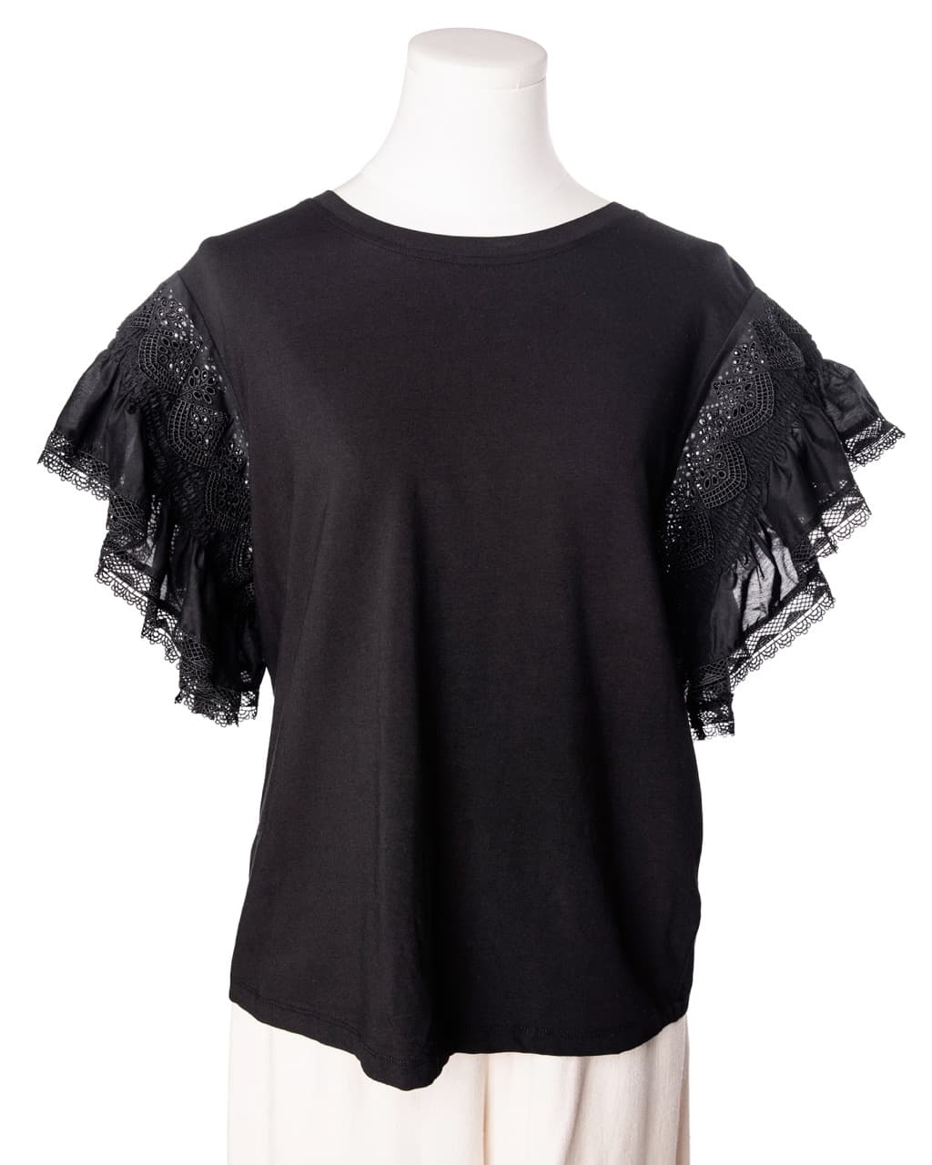Kobi Halperin Black Embroidered Ruffle Sleeve Cotton Knit Top