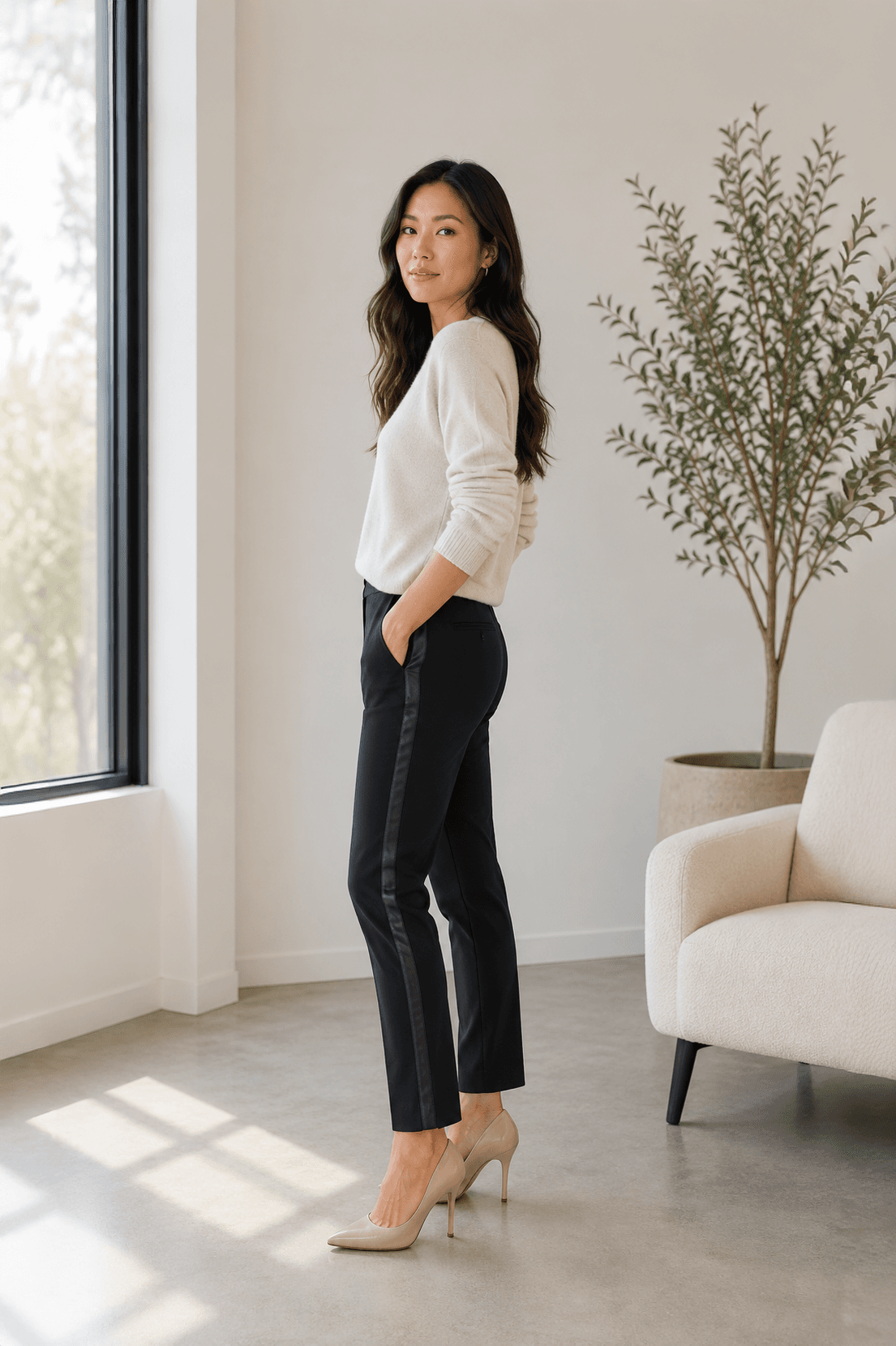 Vince Navy Wool Blend Pants with Lamb Leather Side Stripe