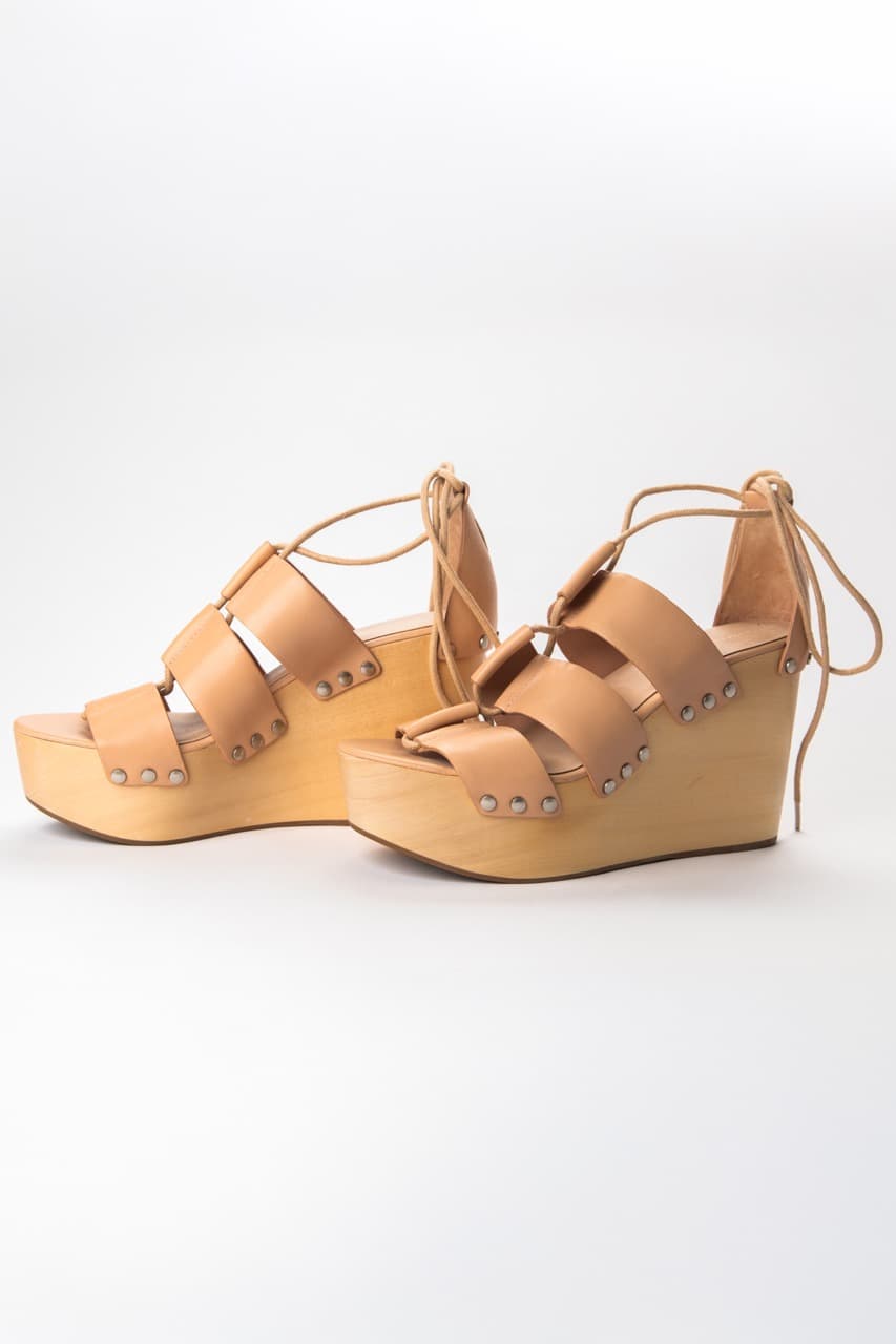 Loeffler Randall Tan Leather Lace-Up Platform Wedge Sandals